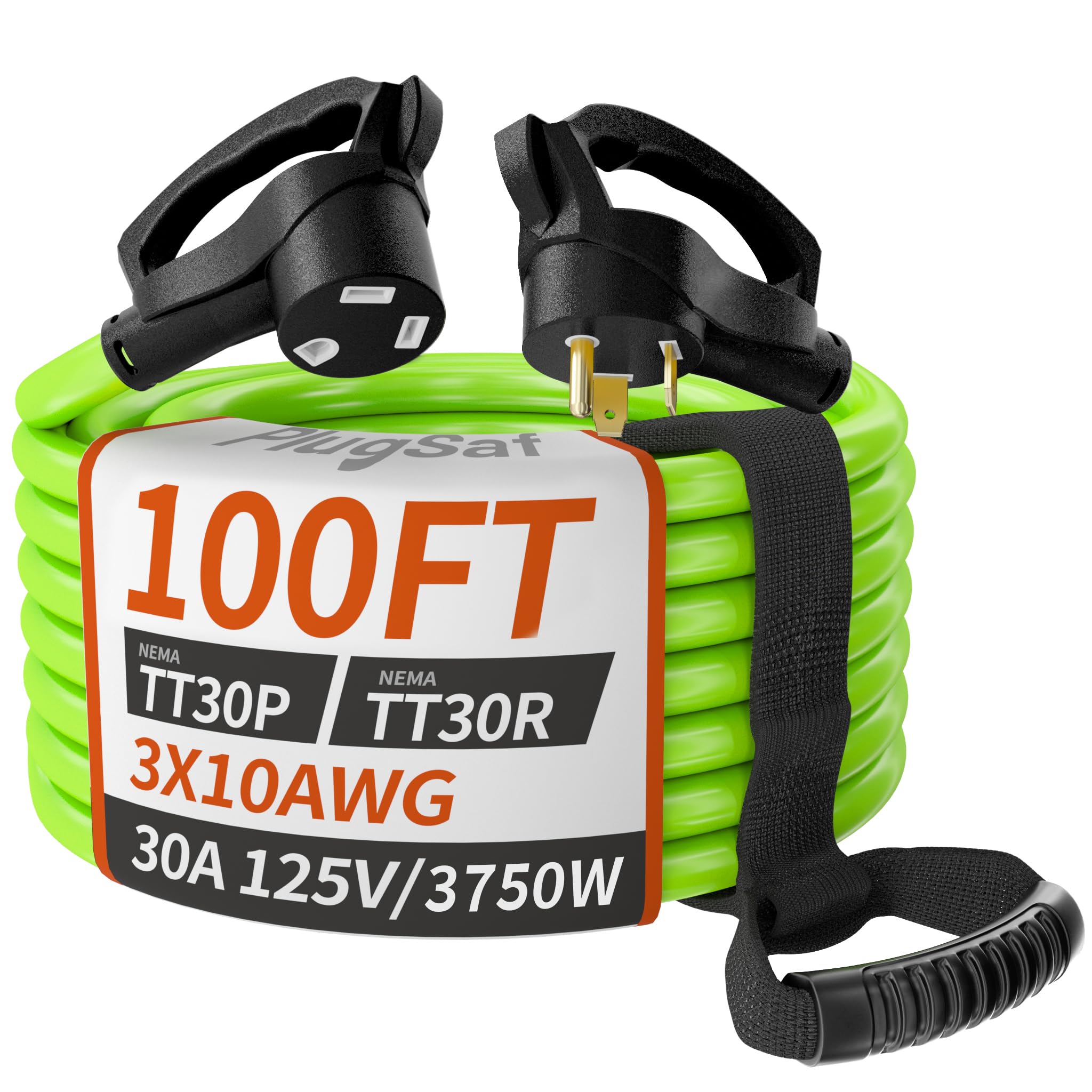 PlugSaf - Cable de extensión para caravana de 100 pies y 30 amperios para exteriores con mango de agarre, calibre 10/3, cable de alimentación flexible resistente al agua, NEMA TT-30P a NEMA TT-30R,