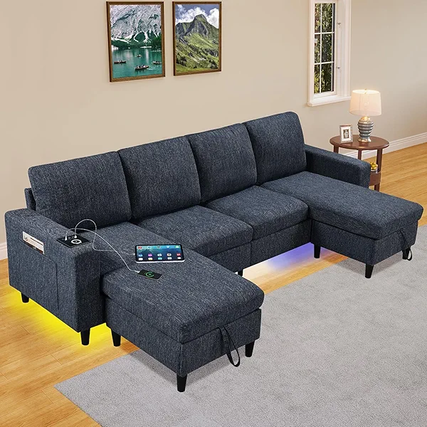 Sectional Couches for Living Room, 6-Seats Soft Linen Fabric Sectional Sofa with Storage Ottoman, Modern Convertible U/L Shaped Couch with Smart Charging Module/LED Light/Music Sync (Blue)