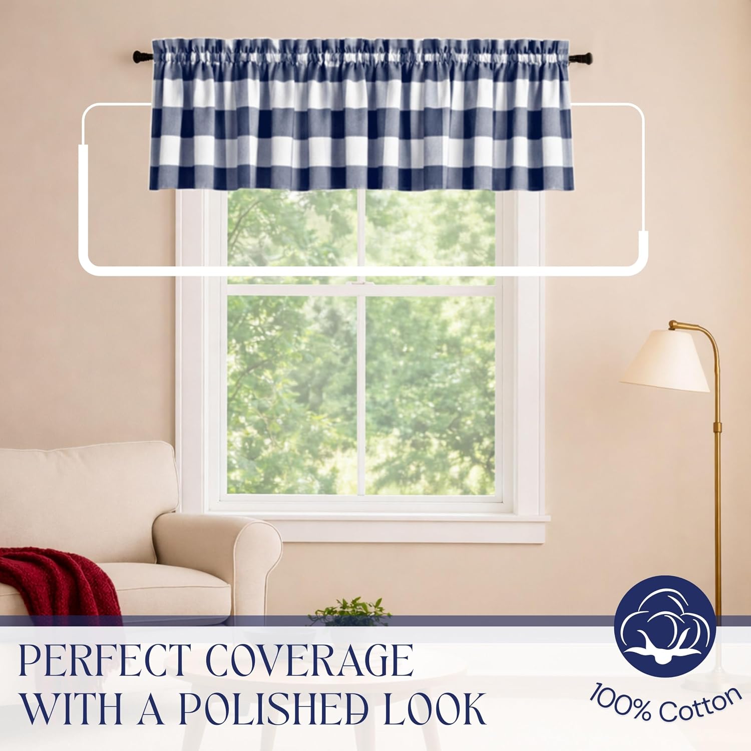 Navy Buffalo Check Window Valance Curtains 2 Pack, 54x18 Inch Rod Pocket Farmhouse Kitchen Valances for Living Room, Dining Area, Bathroom, Country Style Décor, Navy Blue and White