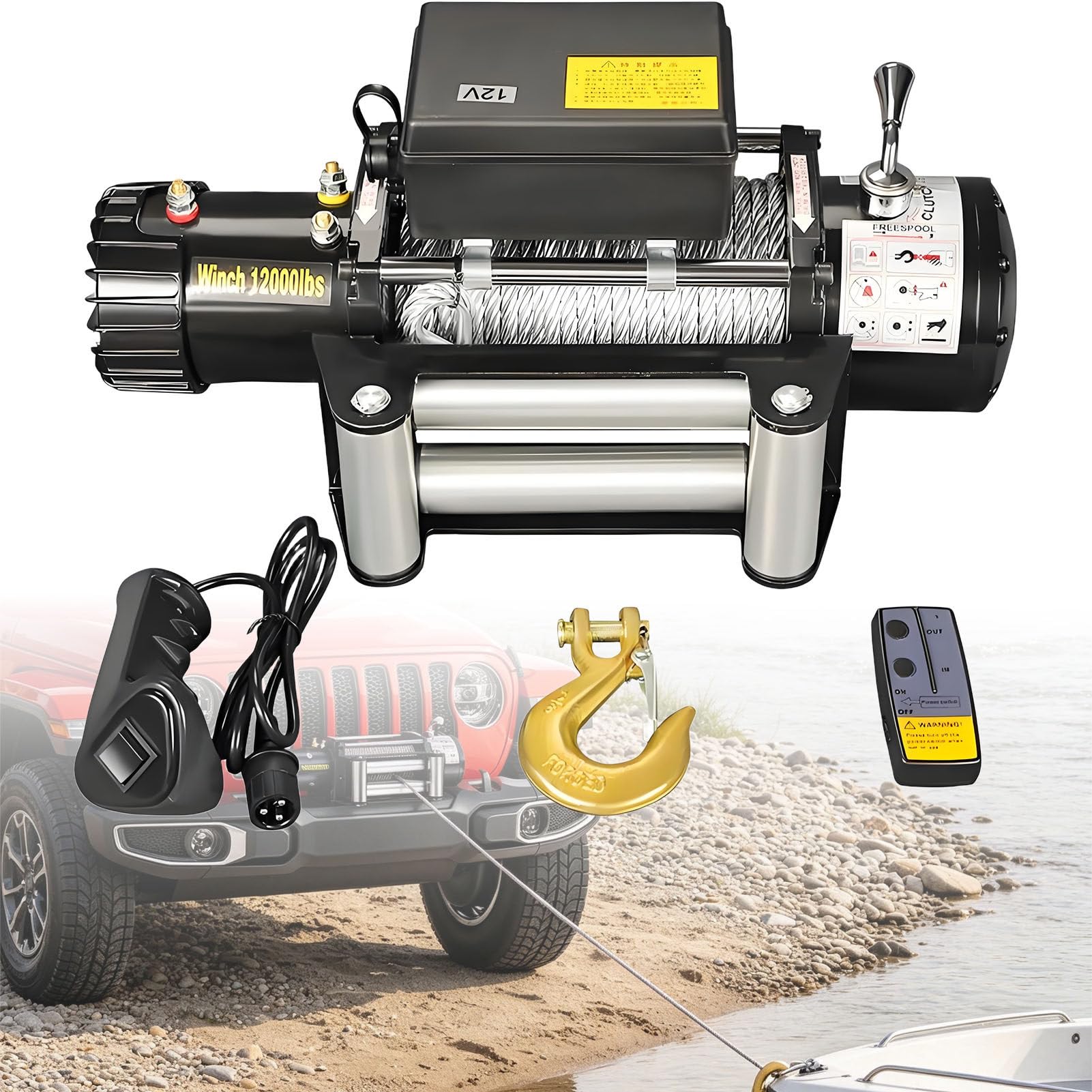 Wciągarka elektryczna 12 V/24 V do samochodów ciężarowych, ATV, UTV, łodzi, wodoodporna, terenowa, stalowa, bezprzewodowa i przewodowa pilot, nośność 1,587 kg do przyczep i zastosowań terenowych