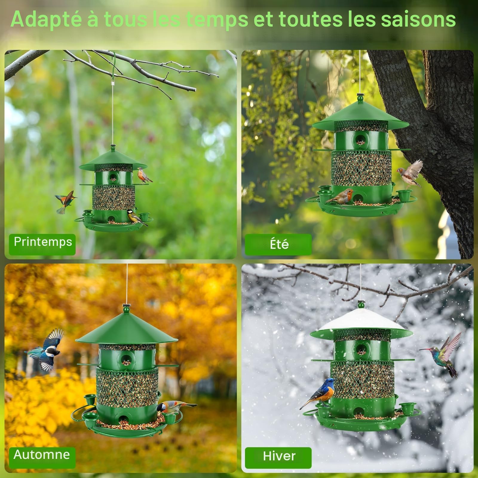 Mangeoire Oiseaux Exterieur Suspendue, 2,5L Metal Mangeoire pour Oiseau Sauvages Imperméable, 360° Alimentation Maison Oiseaux Exterieur pour Jardin (Vert)