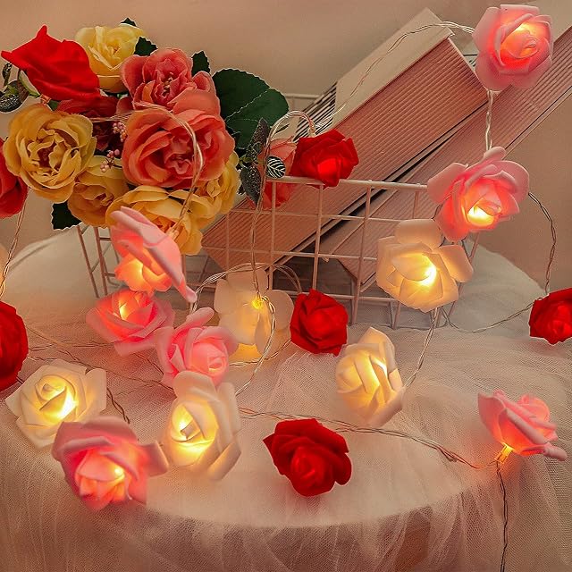 Rose Flower String Lights, 9.8 Ft 20 LED Artificial Rose Garland Fairy Lights Battery Operated Rose light for Valentine's Day Wedding Mother's Day Anniversary Decor Gift for Girls(Red+Pink+White )
