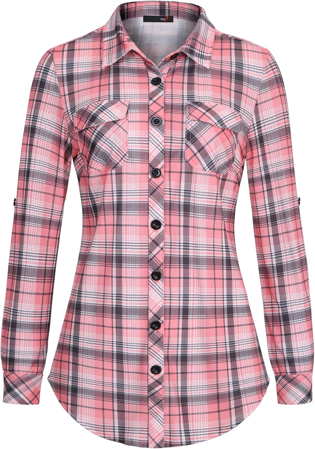 DJT Womens Soft Stretchy Knit Plaid Shirts Roll Up Long Sleeve Collared Button Down Blouses Tops - Image 2