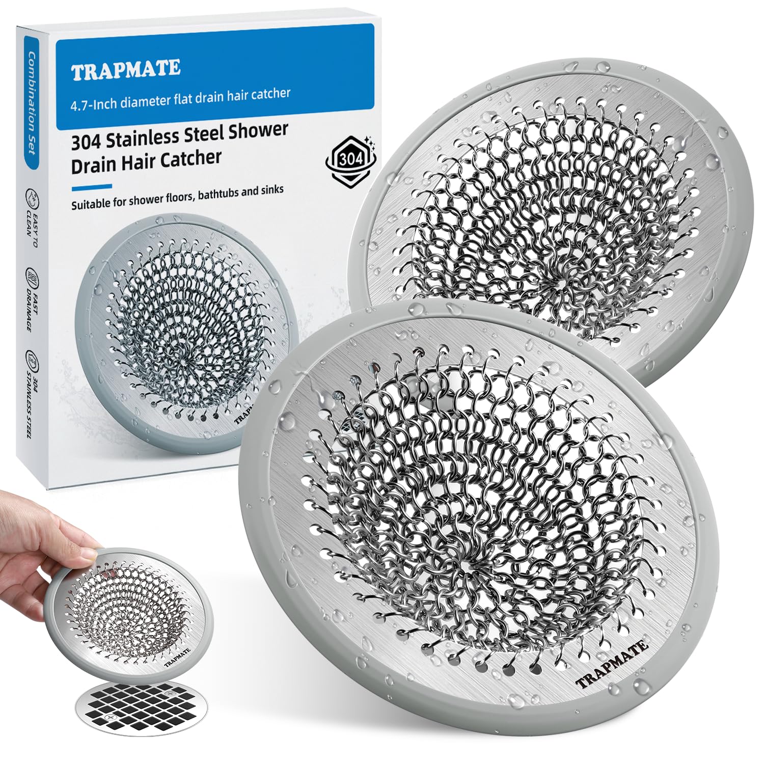 2 Pack Shower Drain Hair Catcher, 11.9cm Stainless Steel Drain Cover