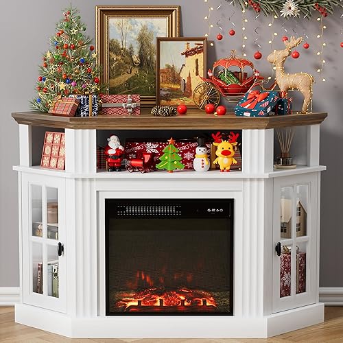 Furmax Soporte esquinero para TV de hasta 55 pulgadas, consola de TV moderna con chimenea eléctrica de 18 pulgadas, centro de entretenimiento con
