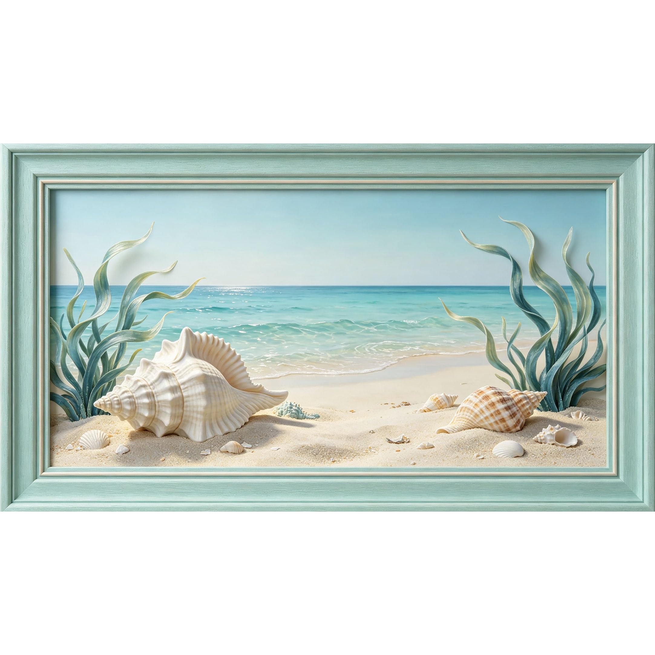 QZLITHOTIC 50x90cm3D Framed Wall Art， Coastal Seashell Ocean Beach Landscape Self‑Adhesive Mural， Water‑Activated Peel & Stick Fabric Decor Wall Decal for Bedroom Living Room