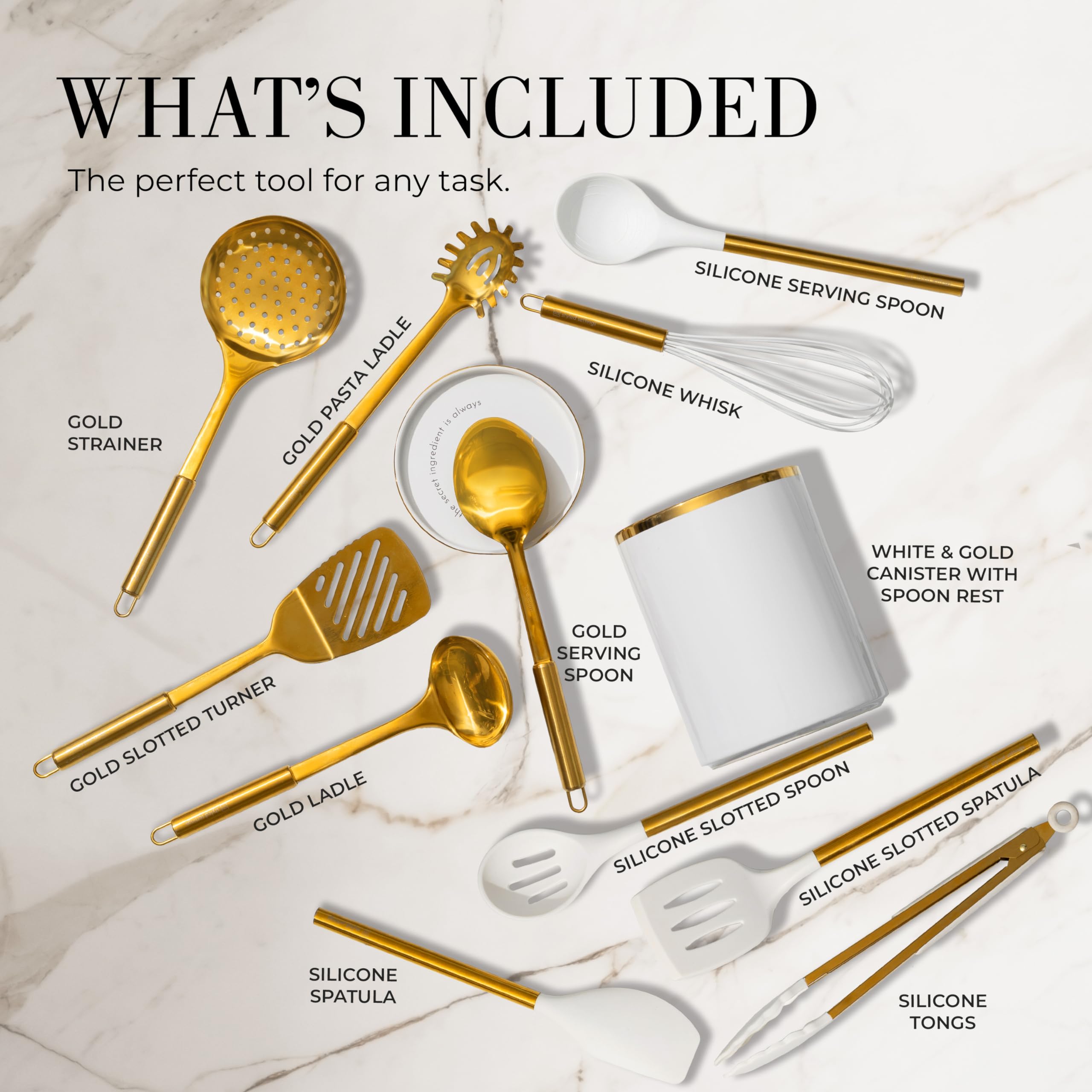 STYLED SETTINGS White and Gold Cooking Utensils Set – 13-Piece Set Includes Gold Kitchen Utensils, Ceramic Utensil Holder and Built-In Spoon Rest – Luxury Kitchen Accessories