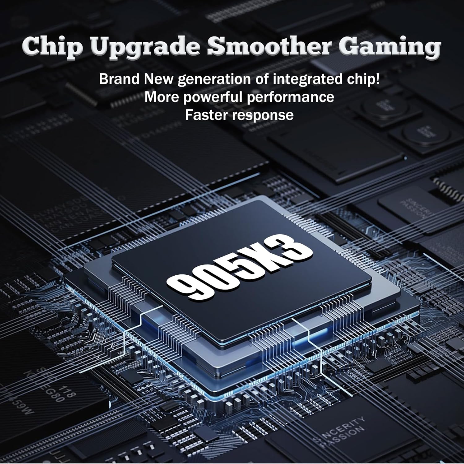 A close-up of a microchip labeled 'S905X3', representing the upgraded chip for smoother gaming, more powerful performance, and faster response.