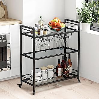 Glass Black Bar Carts for Home with Hanging Wine Rack - Home Bar Serving Cart with 3 Mirrored Shelves, Kitchen Bar Carts, Wine Cart for Entertaining, Club Party.