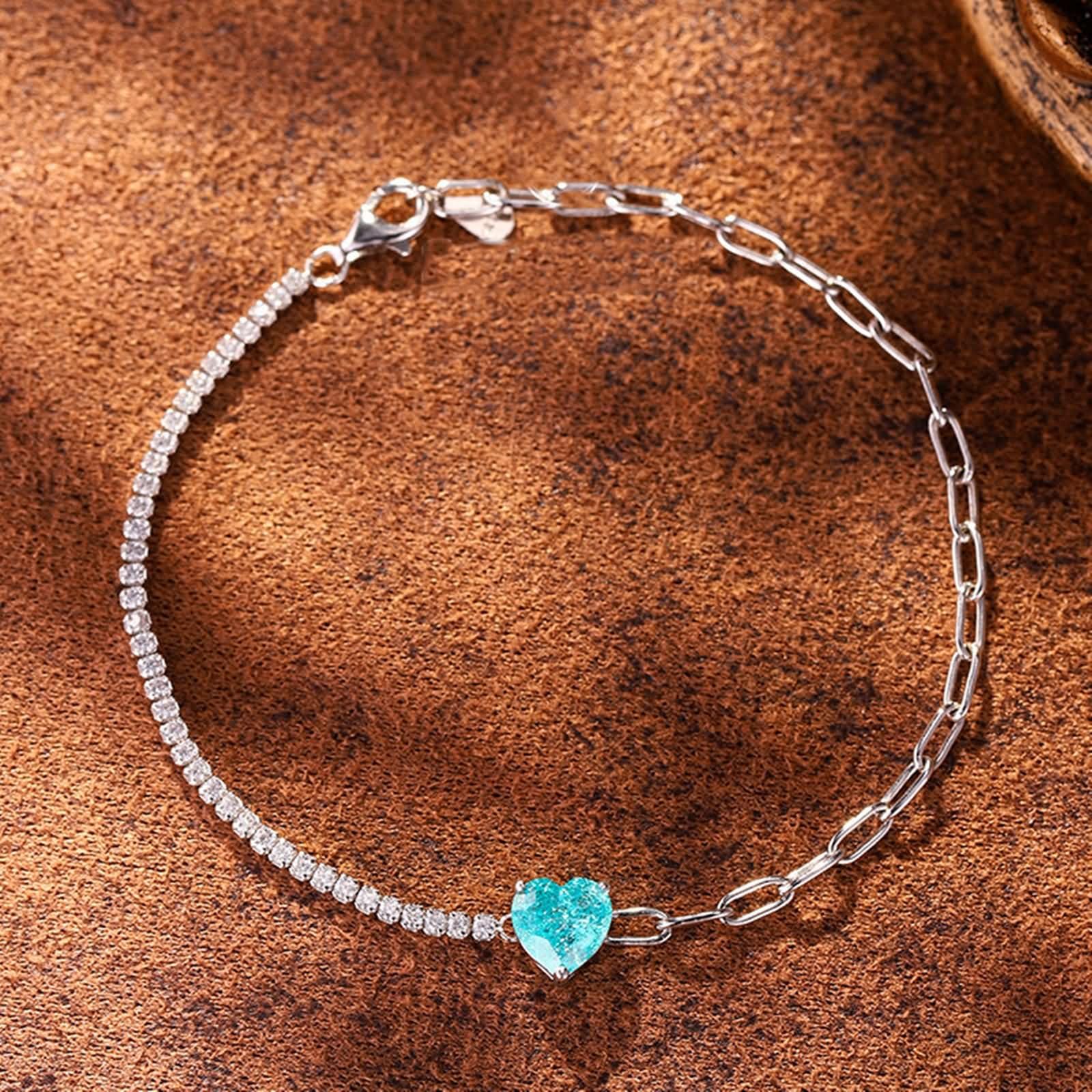 Pulsera de Mujer Oro Blanco 9 Kilates / 14 Kilates / 18 Kilates, Corazón con Turmalina Paraíba Creada de 2 ct y Moissanita, Cadena 16 CM, Pulseras Plata Azul Verde Mujer