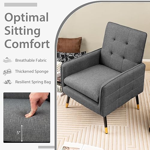 Miniatura 13 de Giantex Silla decorativa moderna de mediados de siglo, sillón tapizado con respaldo copetudo, patas de metal, almohadillas ajustables, sofá