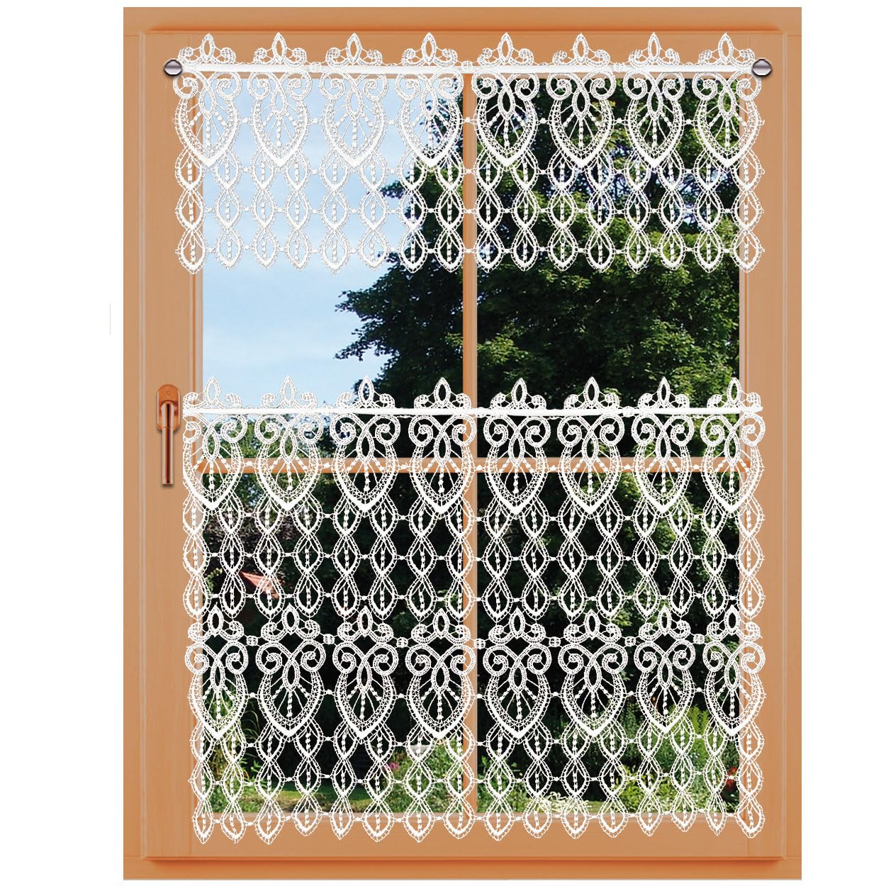 Scheibengardine Olivia Vogtländische Spitze ecrú | Landhaus-Kurzgardine mit Ornamenten | Klassisches Stickerei-Panneaux | Rustikale Spitzengardine für Küche und Wohnzimmer Höhe x Breite 49 x 76 cm