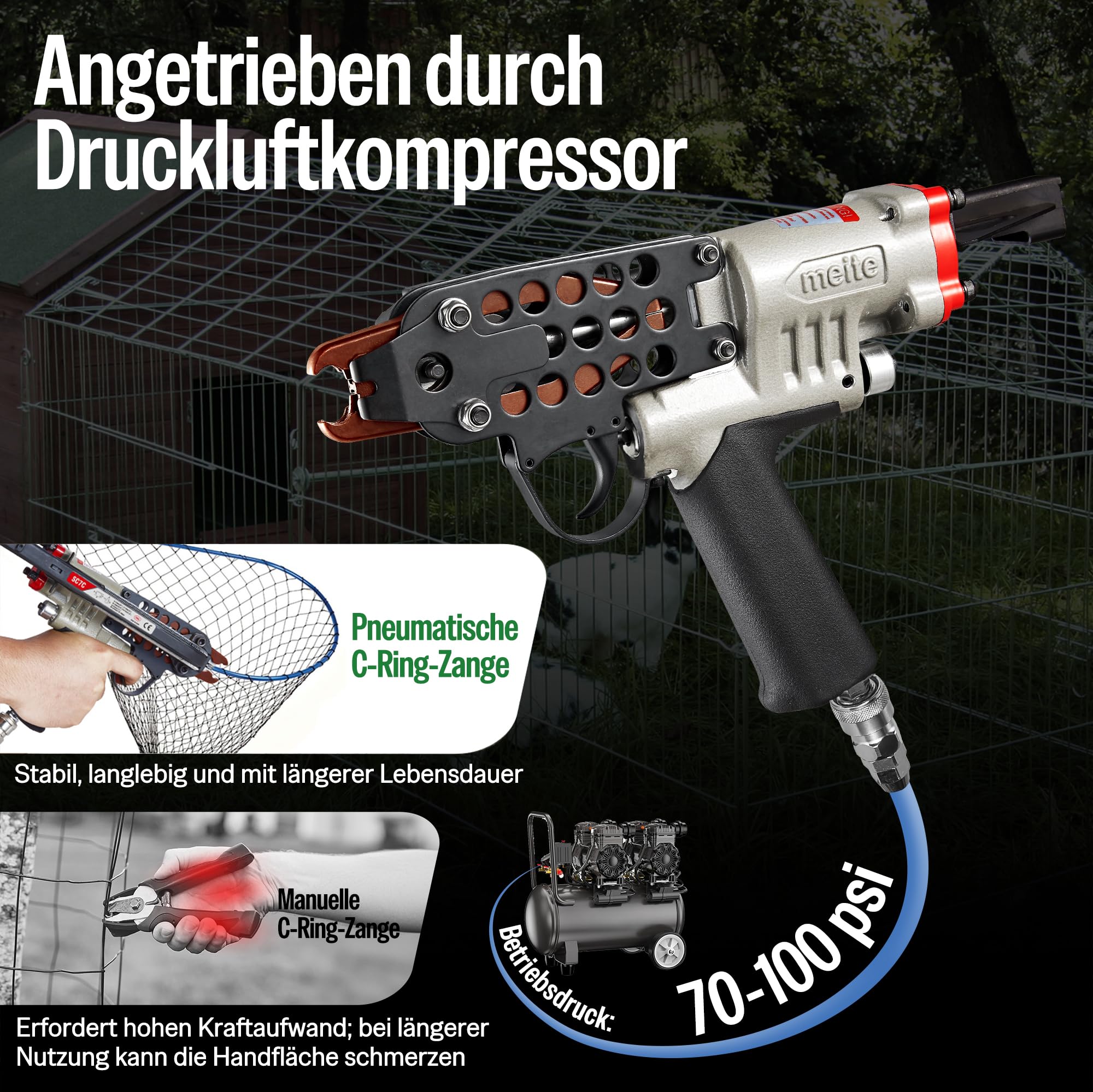 meite SC7C Druckluft Hog Ring Zange, 15 Gauge C Ring Klammerzange für 19 mm Innenkrone, 5,5–6,0 mm Schließdurchmesser, pneumatischer C-Ring-Tacker für Matratzen, Sitzmontage, Drahtkäfige und Zäune | 5,5–6,0 mm Verschluss-Schweineringe für Matratzenmontage