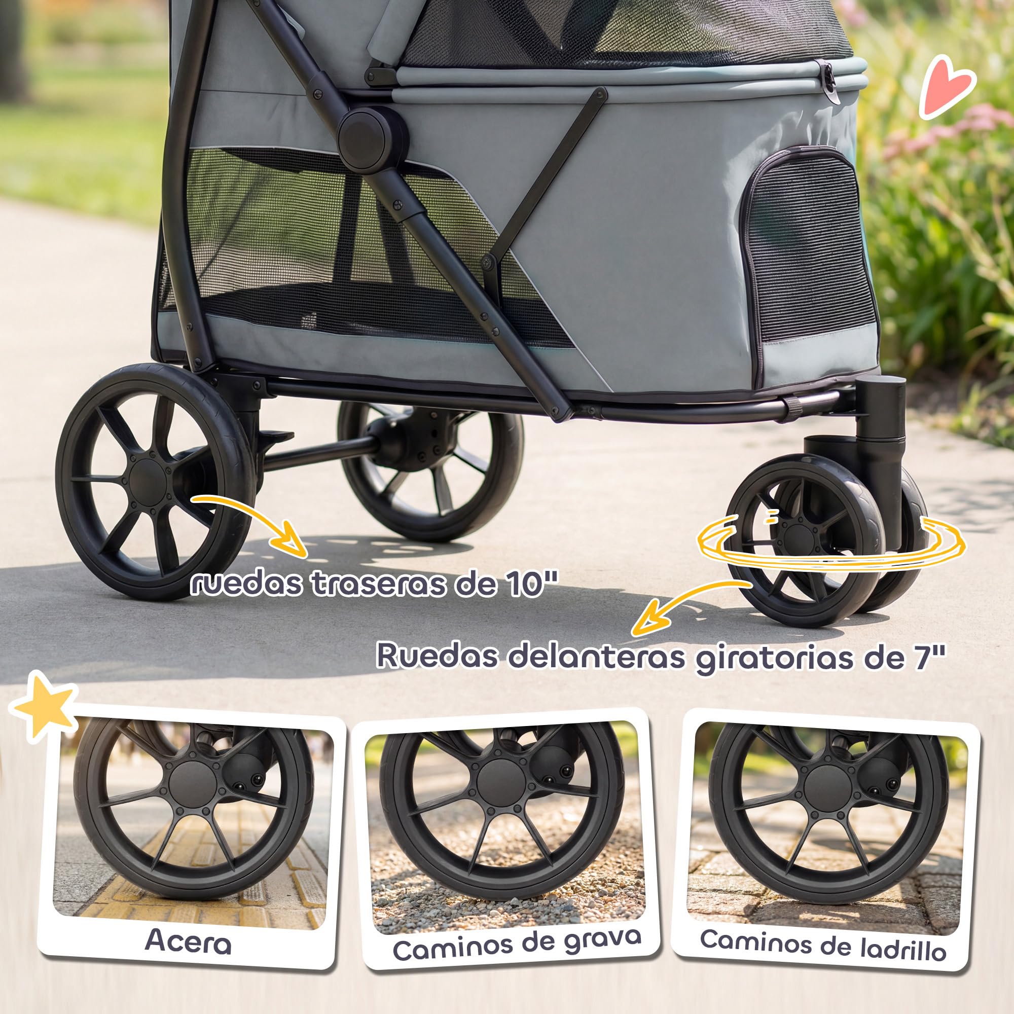 PawHut Carrito para Perros Plegable, Cochecito para Perros Medianos con 3 Ruedas, Ventanas de Malla, Cojín Lavable, Bolsillo, Correas de Seguridad, Frenos, Todo Terreno, Carga 20 kg, 92x63x95 cm, Gris