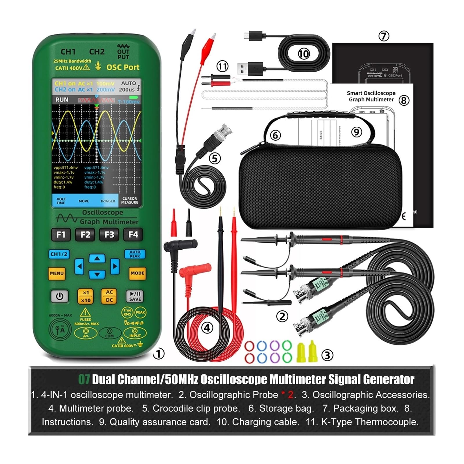 Osciloscopio portátil 4 en 1, multímetro Digital + generador de señales de función, Doble Canal, comprobador de Corriente O7:25MH/z/O9:50MH/z(O7 Kits)