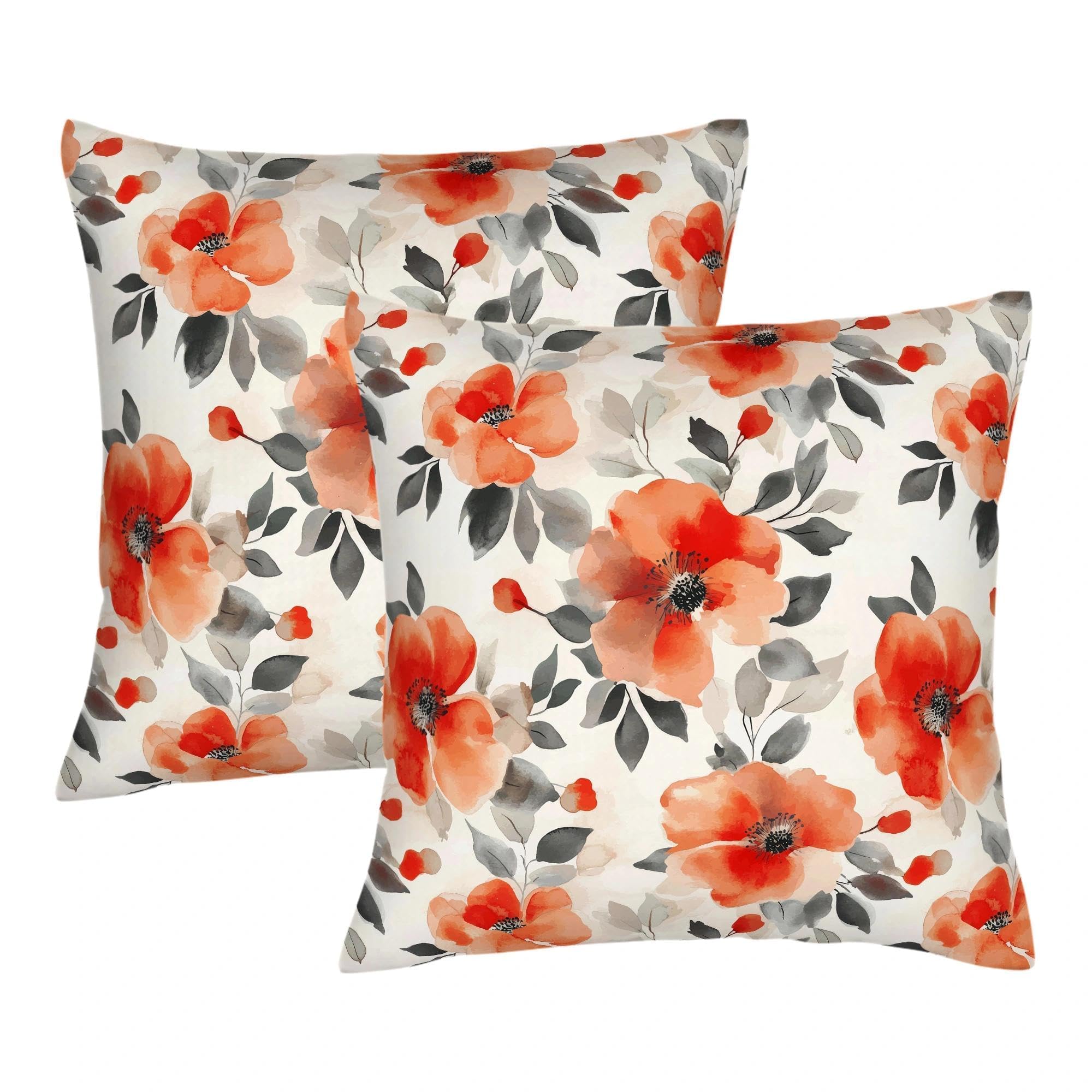 Burnt Orange Watercolor Floral Throw Pillow Covers 18x18 Set of 2, Spring Black Beige Flowers Decorative Pillowcases, Double-Sided Print Cushion