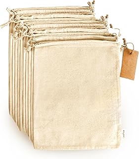 Leafico Wiederverwendbare Stoffbeutel Groß 25x30 cm – Gemüsebeutel, Baumwollbeutel für Obst, Brot, Kartoffeln, Kräuter, Vorräte – Nachhaltige Aufbewahrungsbeutel aus Bio Musselin – 12 Stück