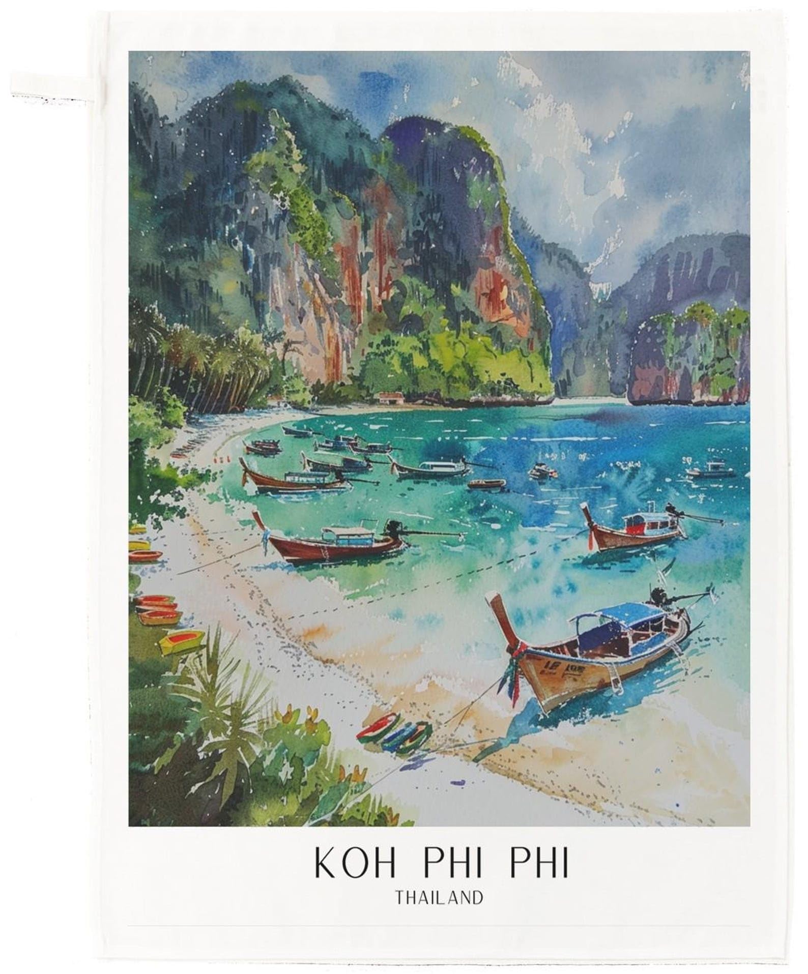 Half A Donkey White Koh Phi Phi Thailand Cotton Tea Towel – Tropical Beach Watercolour Design