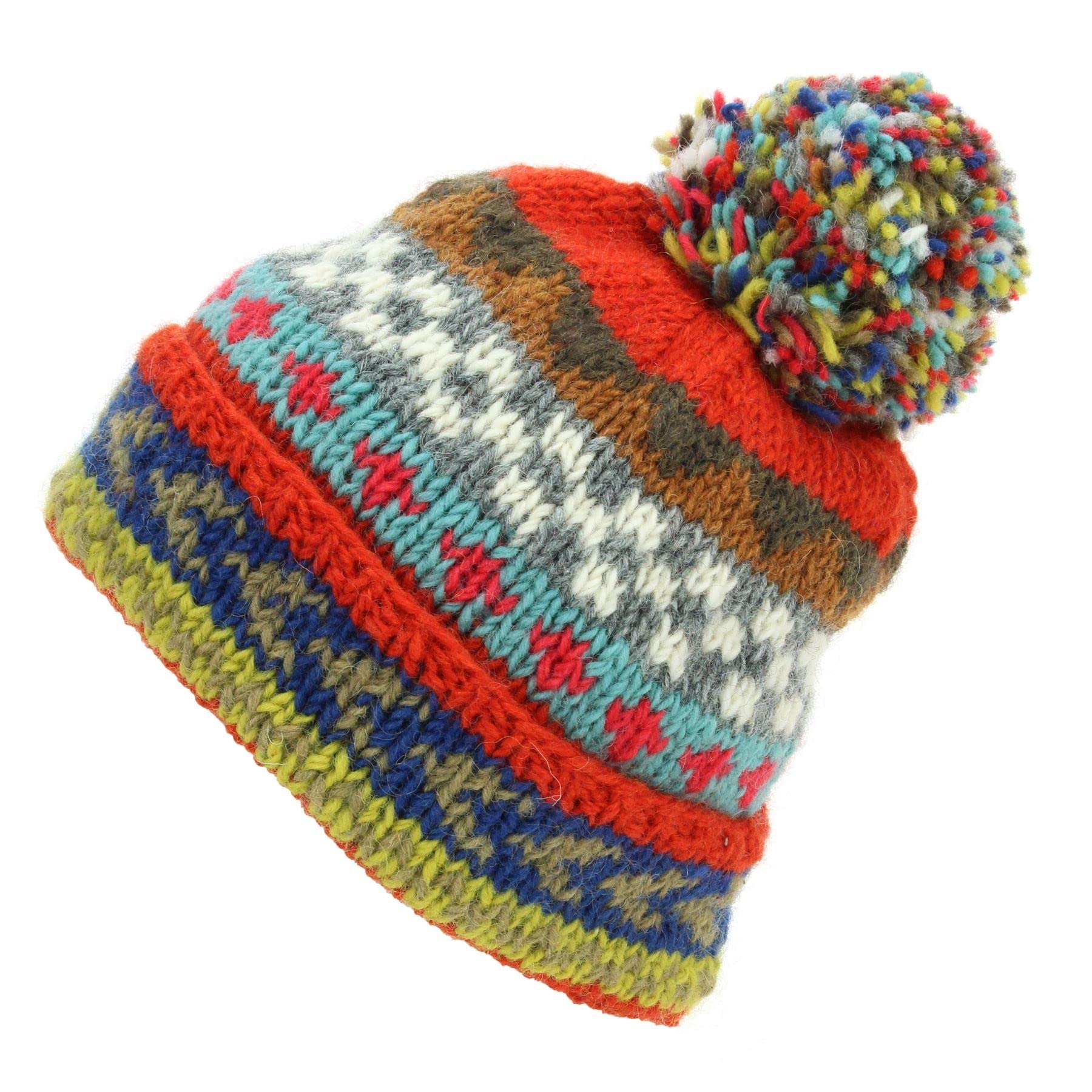 LOUDelephant Hand Knitted Wool Beanie Bobble Hat - Chevron Orange