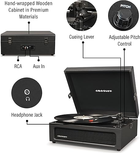 Miniatura 3 de Crosley CR8017B-BK Voyager - Tocadiscos portátil clásico de vinilo con Bluetooth de entrada/salida y altavoces integrados, Negro