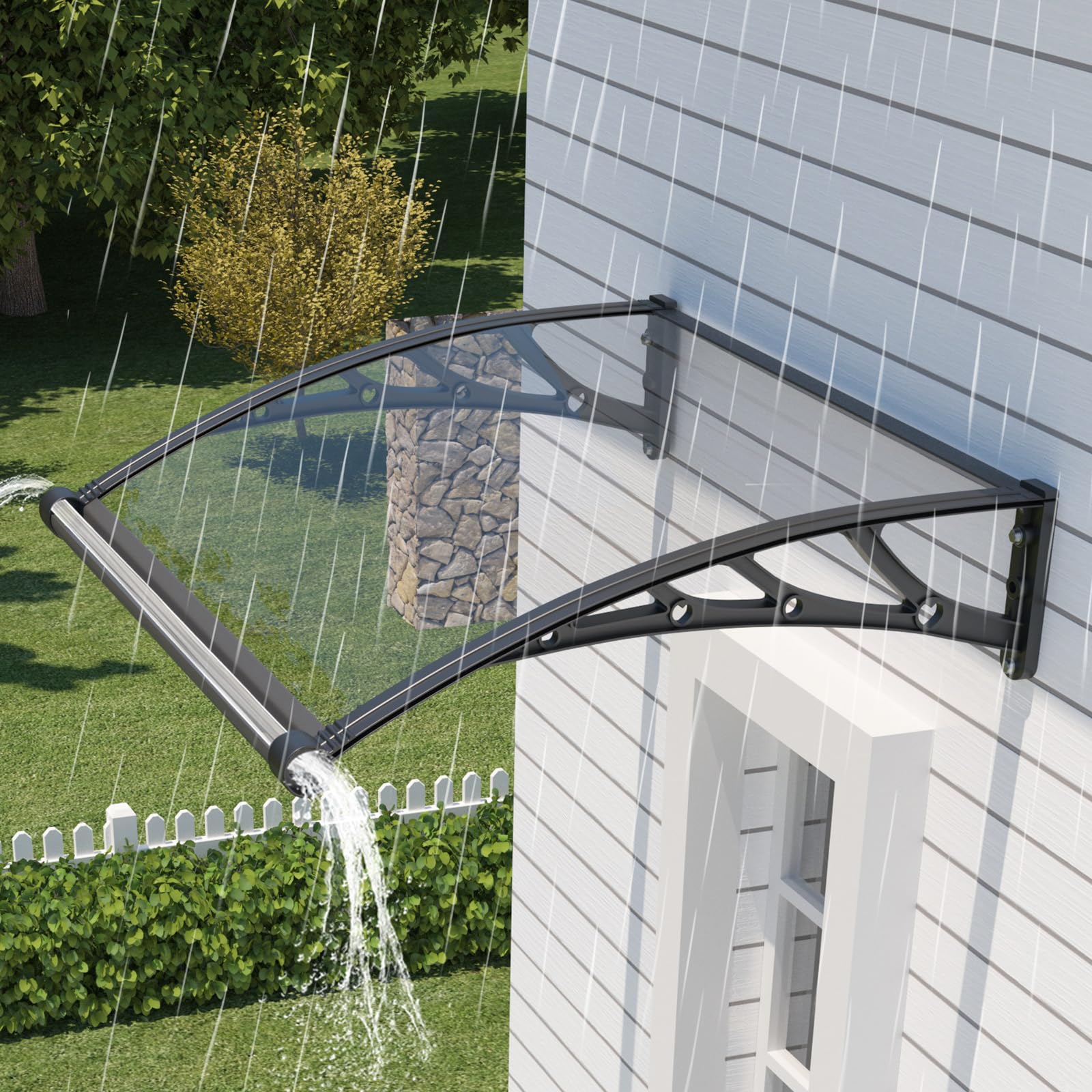 Photo 1 of JYJNHOME 48x48 Inch Awning for Door Entrance,Polycarbonate Window Canopy Exterior Overdoor Shelter with Drainage,UV,Rain,Snow,Sun Shade Protection Outdoor Awnings for Outside,Patio,Porch,Deck,House