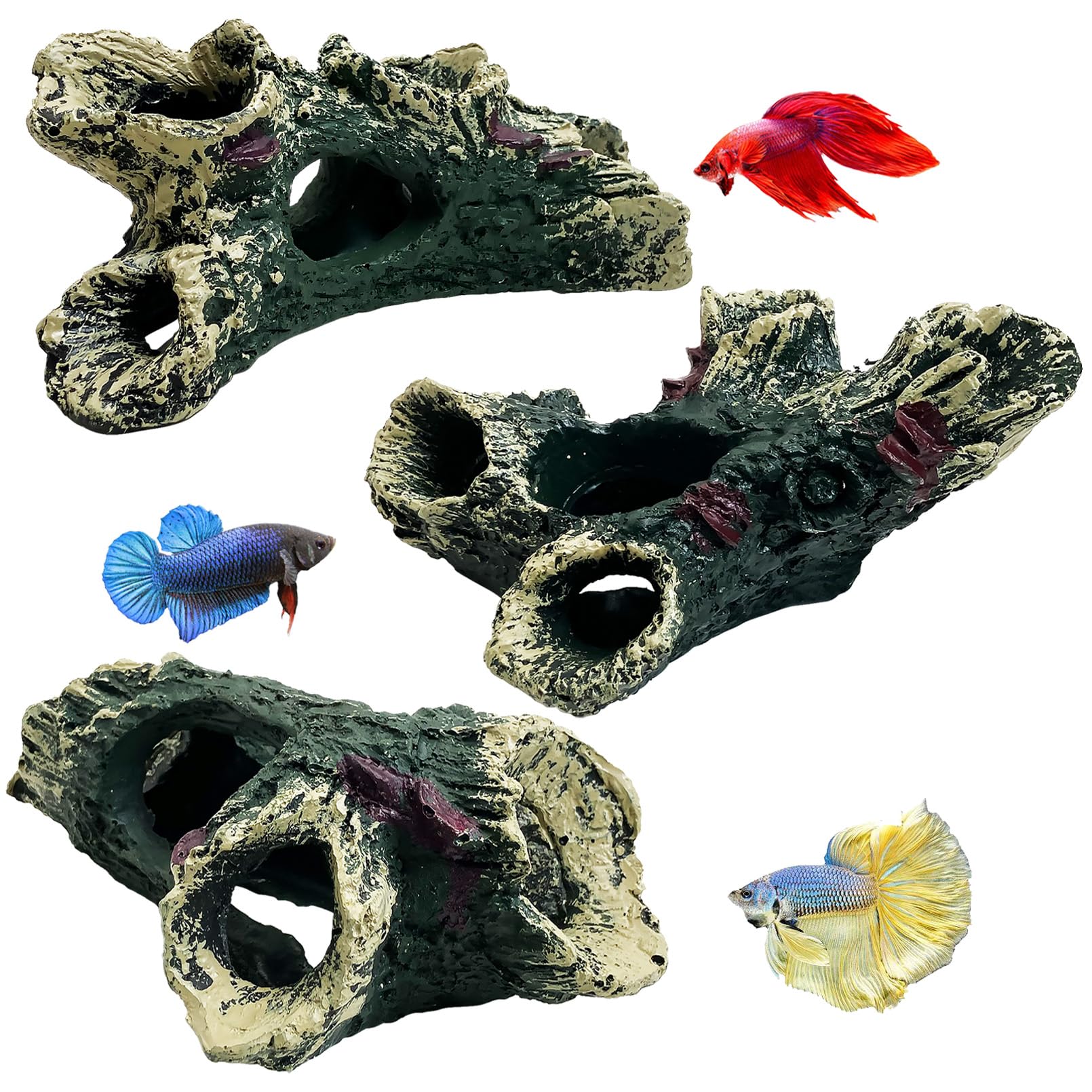 Tfwadmx Decaying Trunk Aquarium Ornament Betta Fish Hideout Caves - Small Resin Aquarium Decoration Log with Holes for