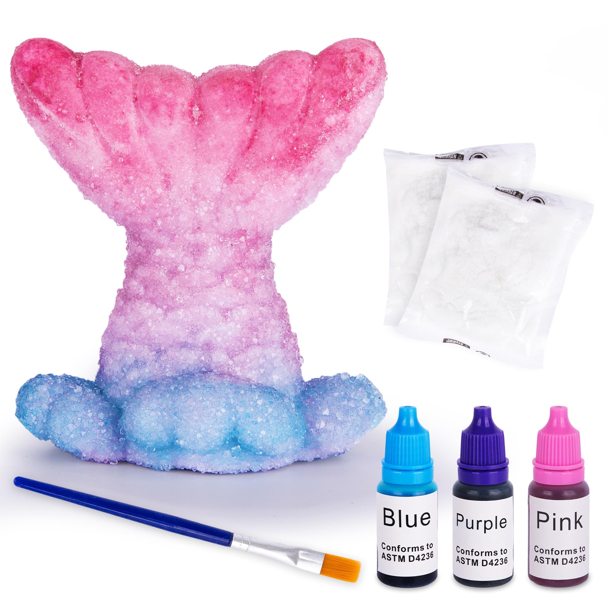 ArtCreativity Mermaid Crystal Growing Craft Kit for Girls With Tail, Powder, Submerging Cup, 3 Dye Bottles, Paintbrush & Paint Tray - Arts and Crafts
