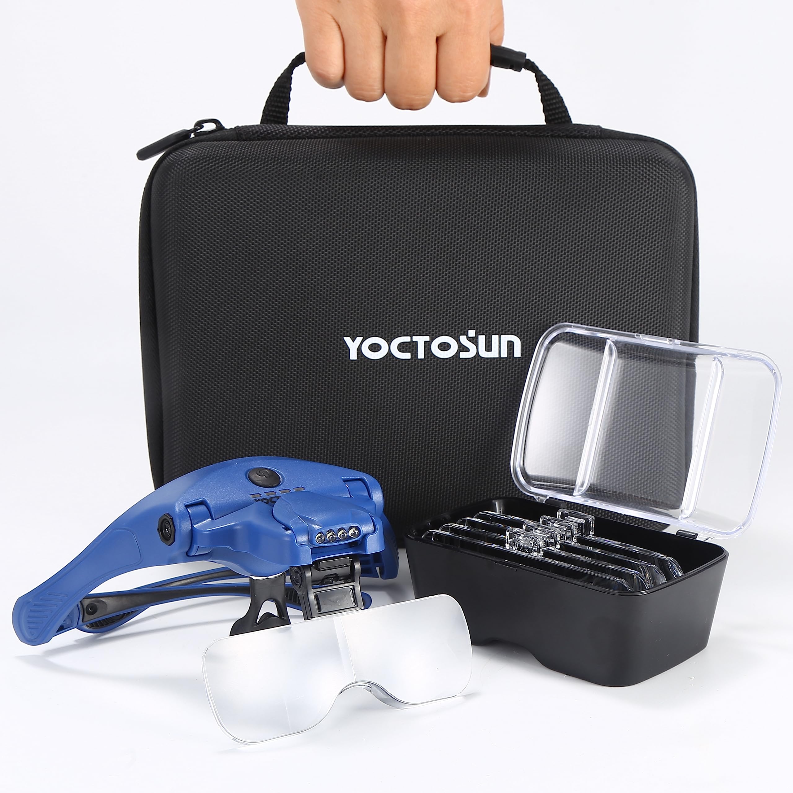 YOCTOSUN Lente d'ingrandimento con 4 luci LED e 5 lenti, custodia per la testa, mani libere, lente d'ingrandimento per lavori artigianali, punto croce, pittura, lavoro ravvicinato, hobby