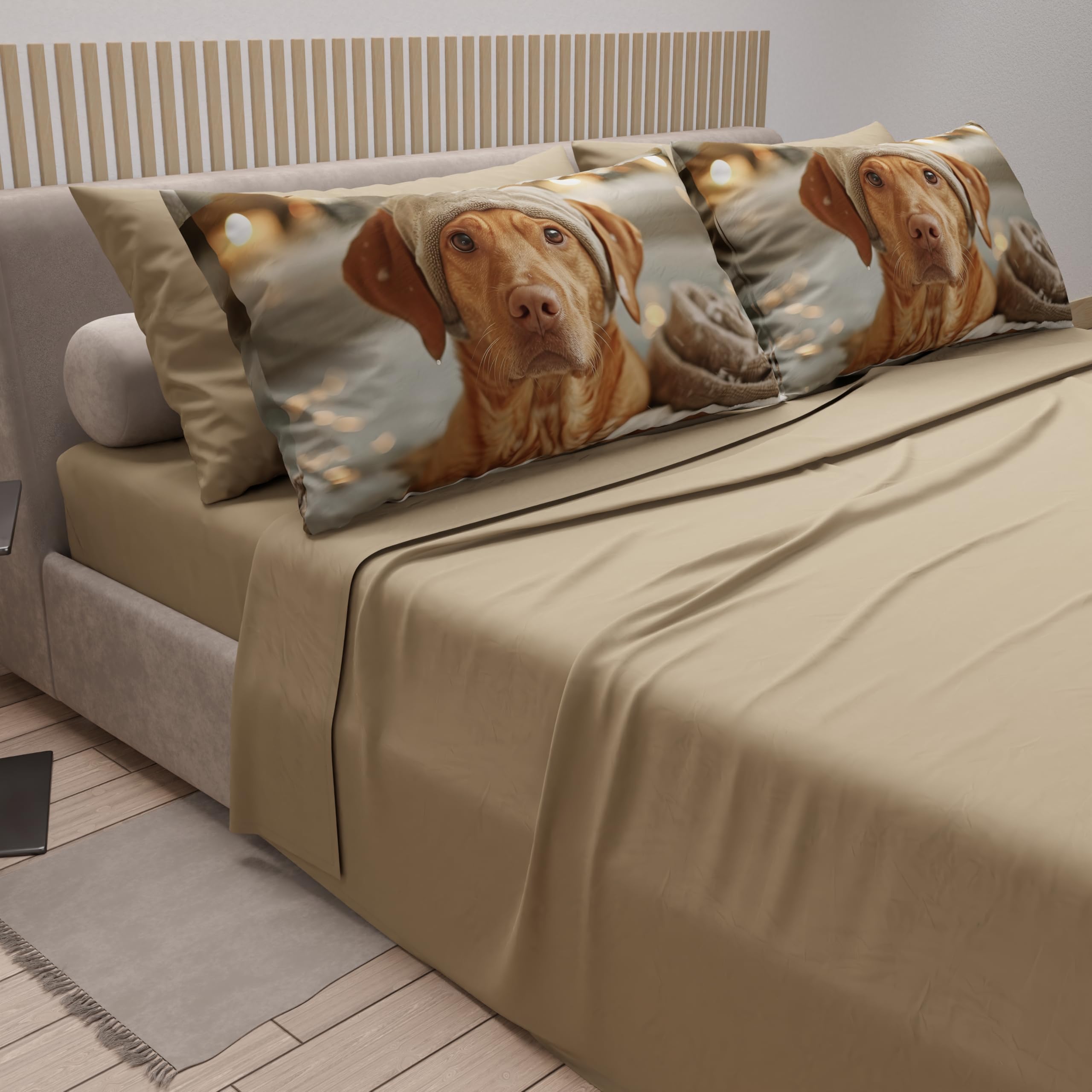 PETTI Artigiani Italiani, Animal Bed Linen with Dogs in Cotton with Pillowcases in Digital Print, Double Bed Sheet, Taupe - Image 2