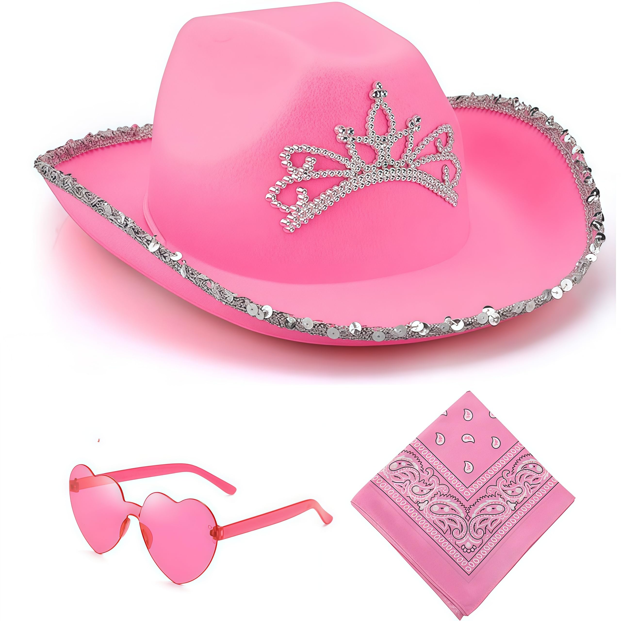 ZappelStift Pink Cowboy Hat, Cowboy Hat Women, 3 Piece Set with Hat, Bandana and Sunglasses for Western Themed Parties, Bachelorette Nights and Music Festivals