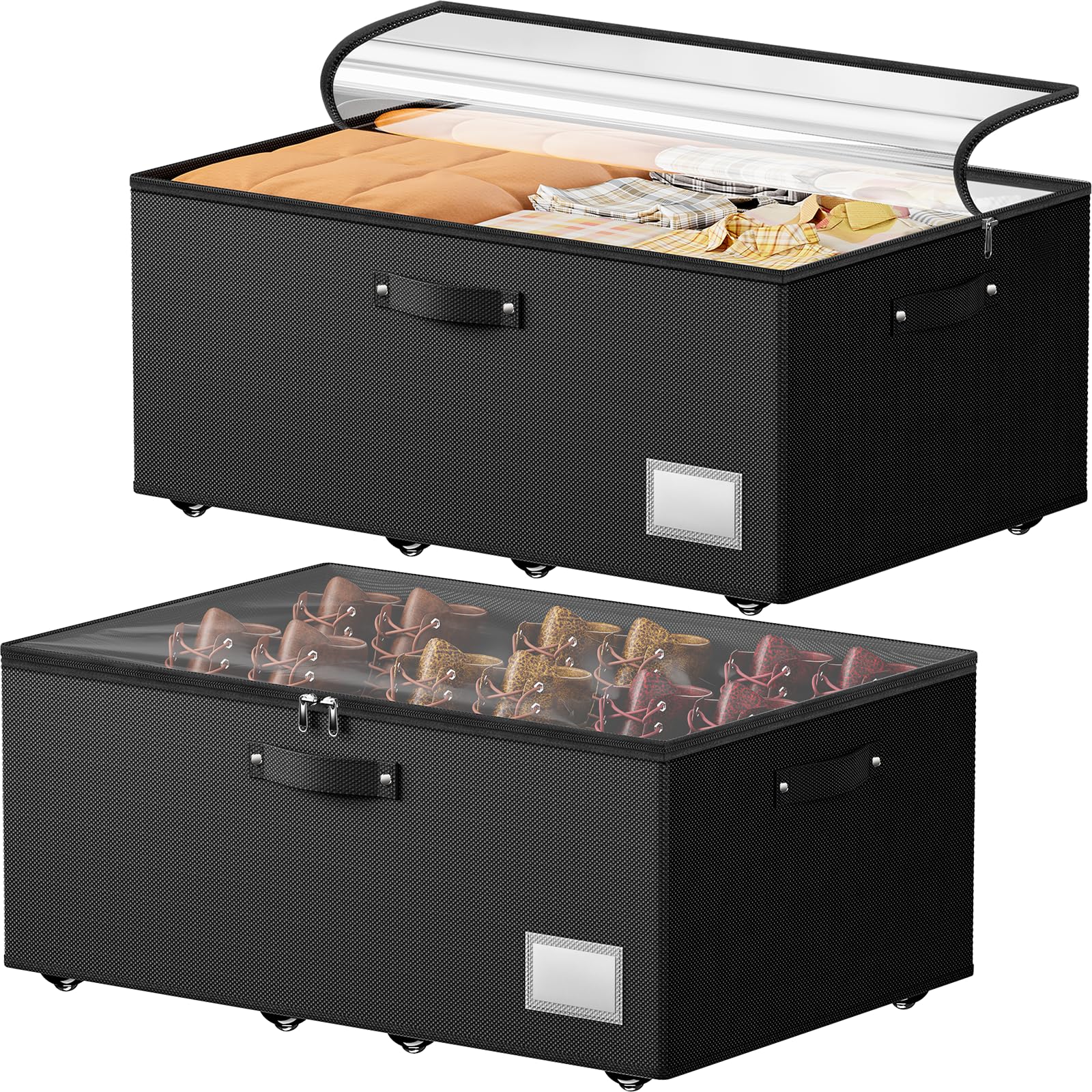 Mavivegue 63L Under Bed Storage on Wheels, 2 Pack Rolling Underbed Storage Bins, Black Under Bed Storage Box with Lid & Label, Underbed Storage Boxes for Clothes, Shoes, Blankets, Toys