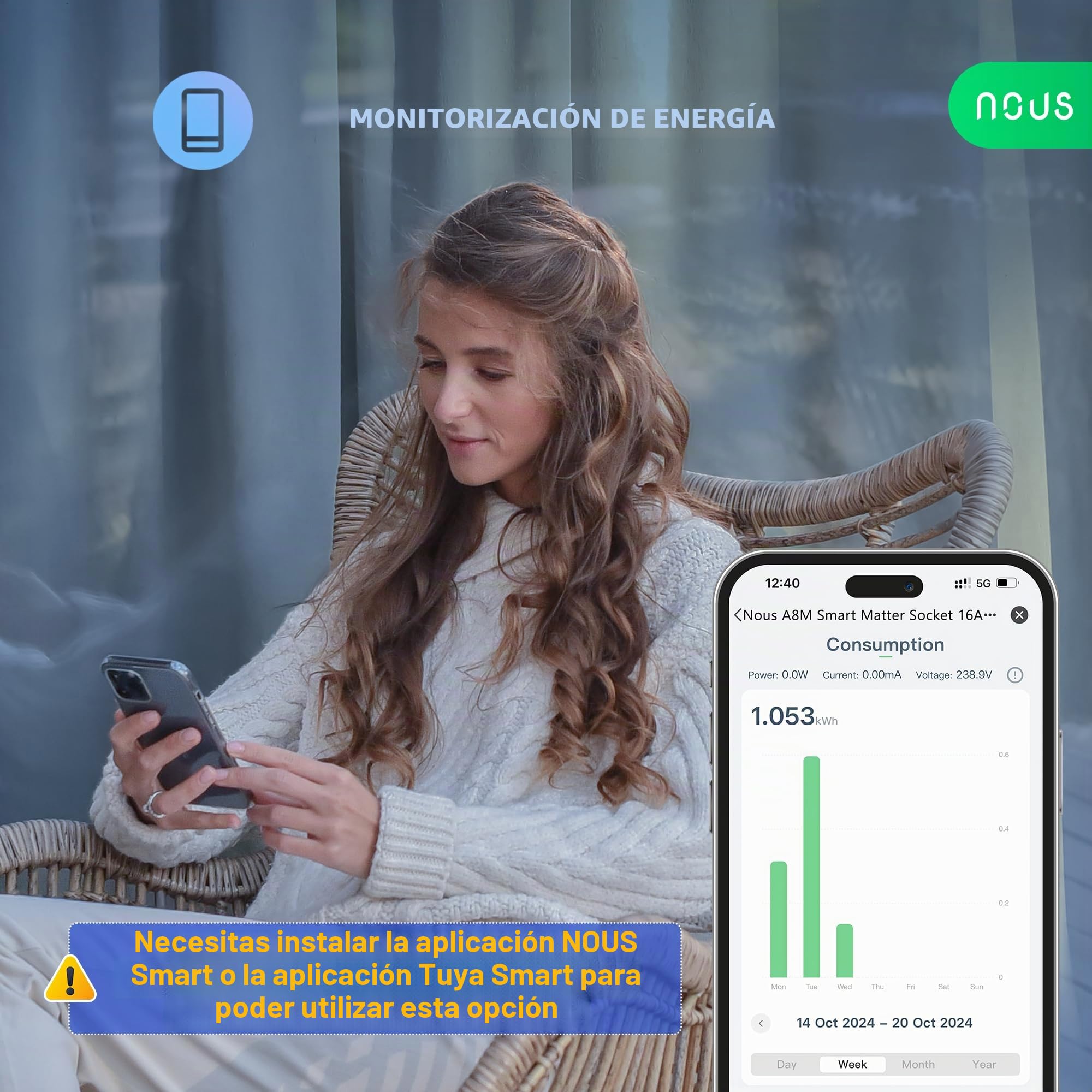 NOUS Enchufe Inteligente Matter con Monitorización de Consumo, 16A 3840W, Compatible con Alexa, Google Home, Apple Homekit, Tuya, SmartThings, Control Remoto por App, WiFi 2.4 GHz