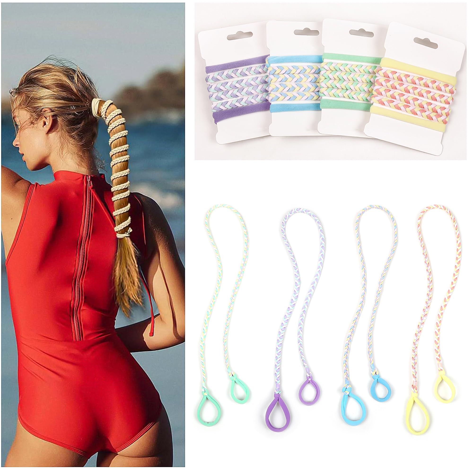 Sport Hair Ties for Women - 4 Pack Elastic Pony Tails for Gym, Braided & Swimming Sports - 30 Inch Length