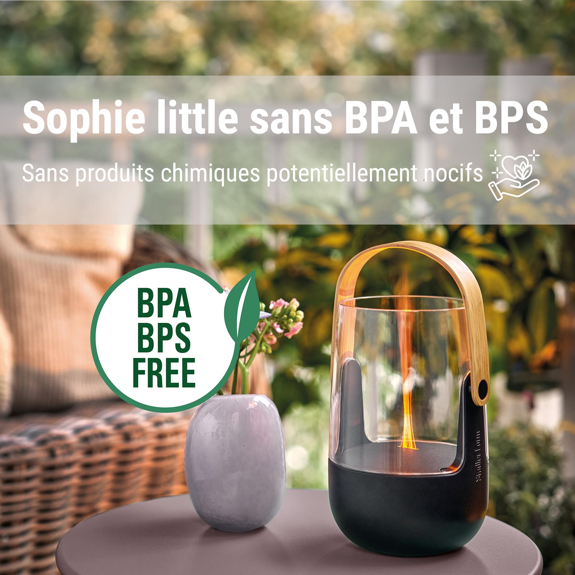 Stadler Form diffuseur d'arômes & lanterne Sophie little, avec batterie rechargeable jusqu'à 7h, l'intérieur et l'extérieur, parfumé, effet de flamme, pour huiles essentielles, noir, poignée en bambou