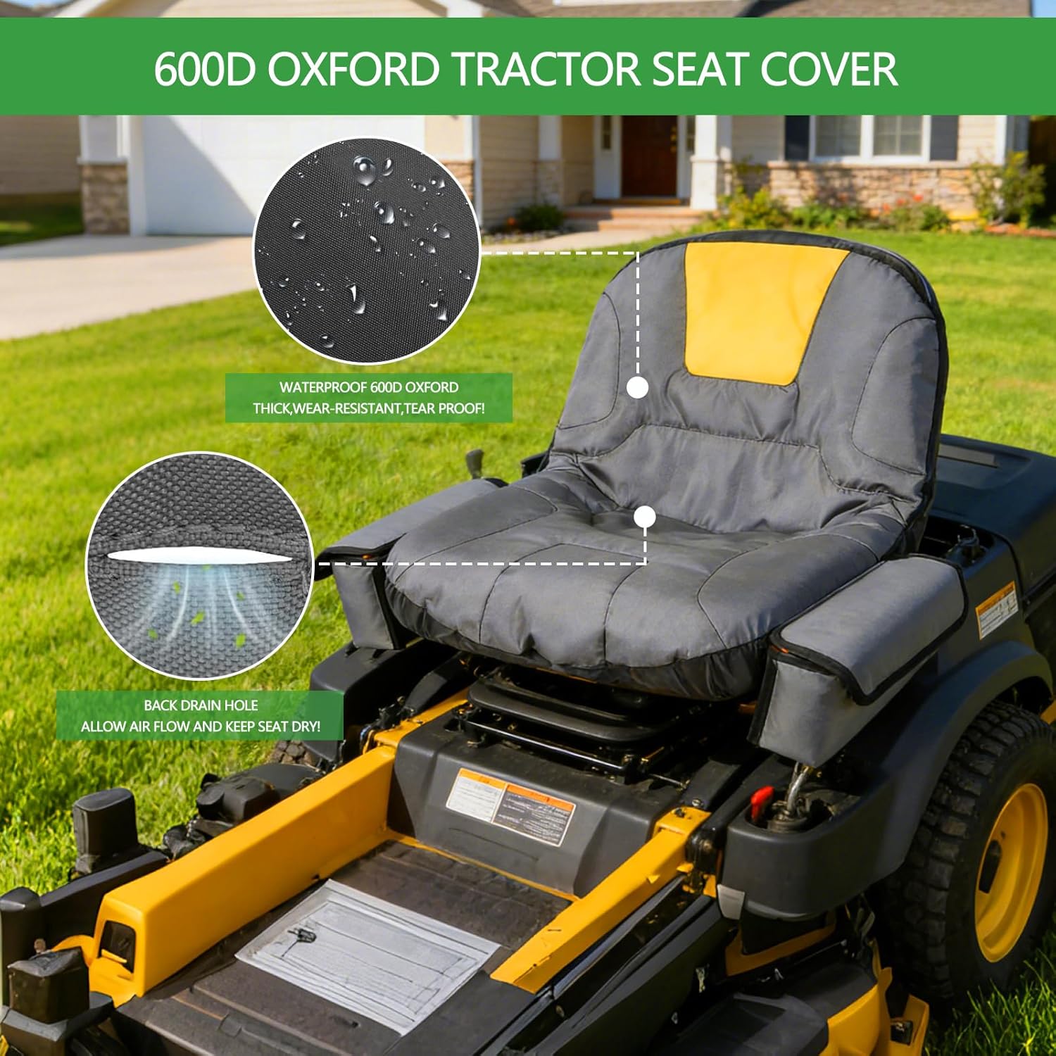 Riding Lawn Mower Seat Cover,Heavy Duty 600D Oxford Waterproof Tractor Seat Cover with Side Pockets for 12.2-14.2''H Seat,Fits John Deere,Kubota,Cub Cadet,Husqvarna Lawn Mower Tractor-Grey M1
