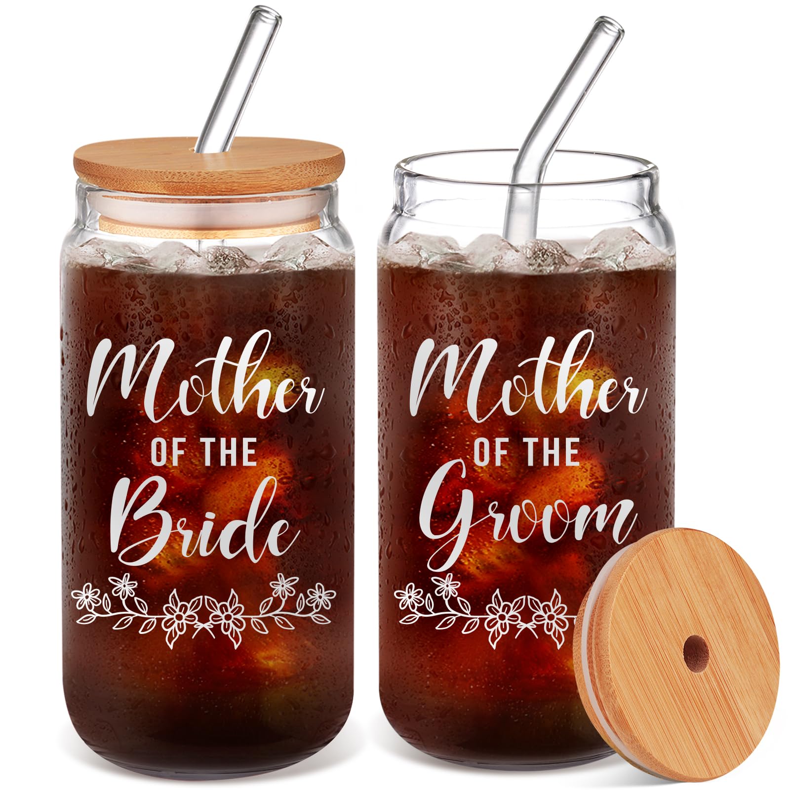 HOOMUU 2 Pack Mother Of The Bride Gifts Mother Of The Groom Gifts - Mother Of The Bride And Groom Glass Cups With Lids And Straws For Wedding Engagement Bridal Shower Bachelorette Gifts
