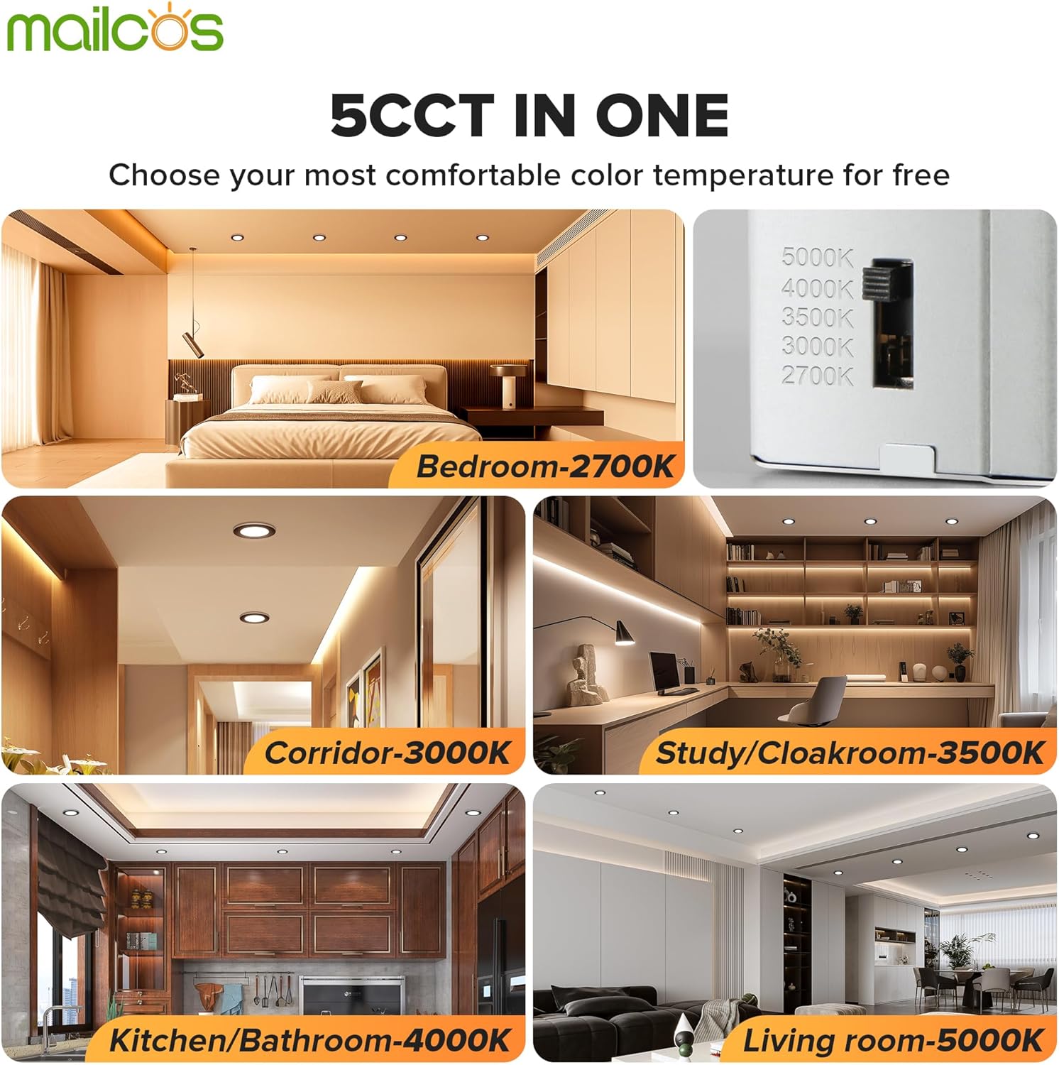 MAILCOS 12 Pack Black 4 Inch 5CCT LED Recessed Ceiling Light with Night Light, 2700K-5000K Selectable, Ultra-Thin Lighting, 9W 810LM, Dimmable Canless Wafer Downlight ETL Certificated