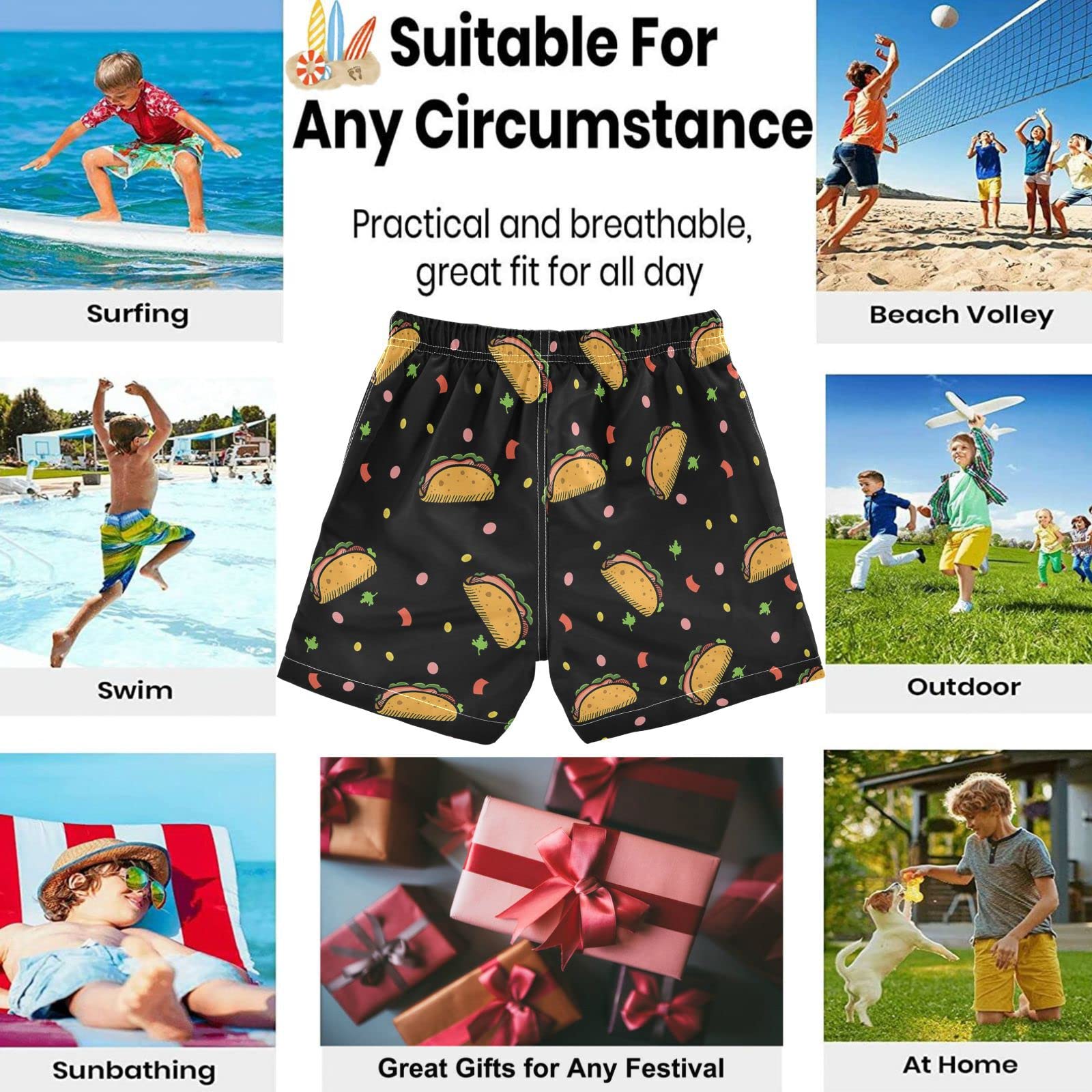 visesunny Summer Boy's Beach Shorts Quick Dry Soft Drawsting Swim Trunks Raining Taco Food Baby Boy Bathing Suit with Pockets