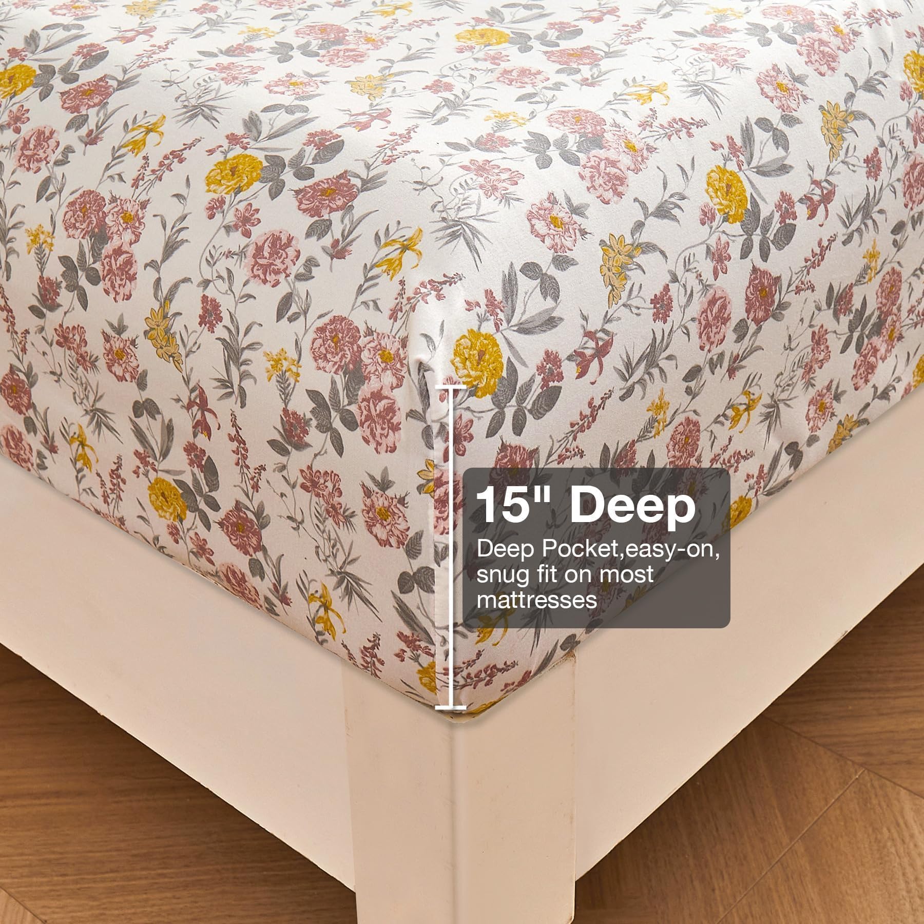Juego de sábanas de 4 piezas con estampado de flores rosas y amarillas vintage, sábanas de microfibra suave y transpirable con bolsillo profundo, sábanas bajeras y fundas de almohada 4