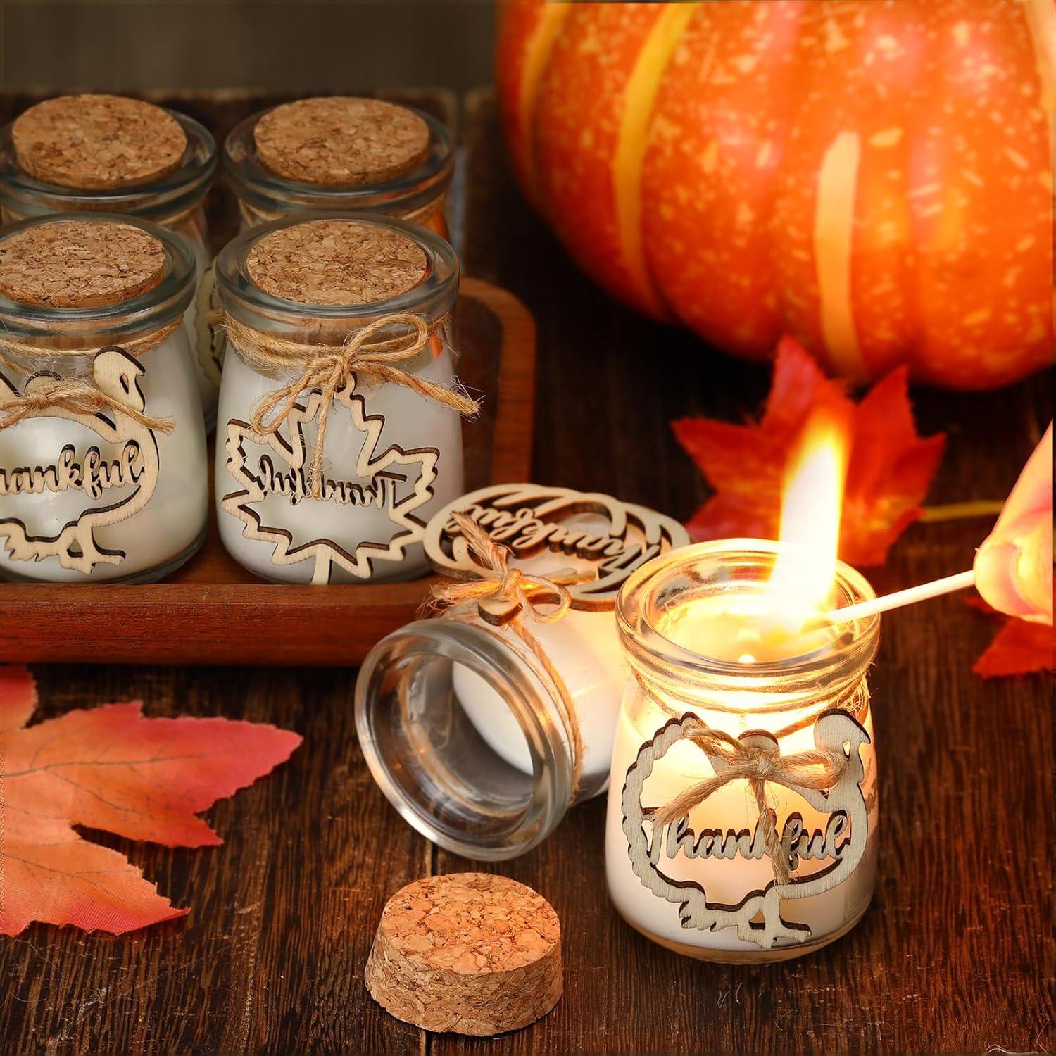 Tondiamo 20 Pcs Fall Scented Candles Gifts Bulk 1.42 oz Bluebell Scented Thanksgiving Jar Candles with Wooden Thankful Pumpkin Maple Leaf Turkey Tag for Fall Thanksgiving Baby Shower Home Party Favors