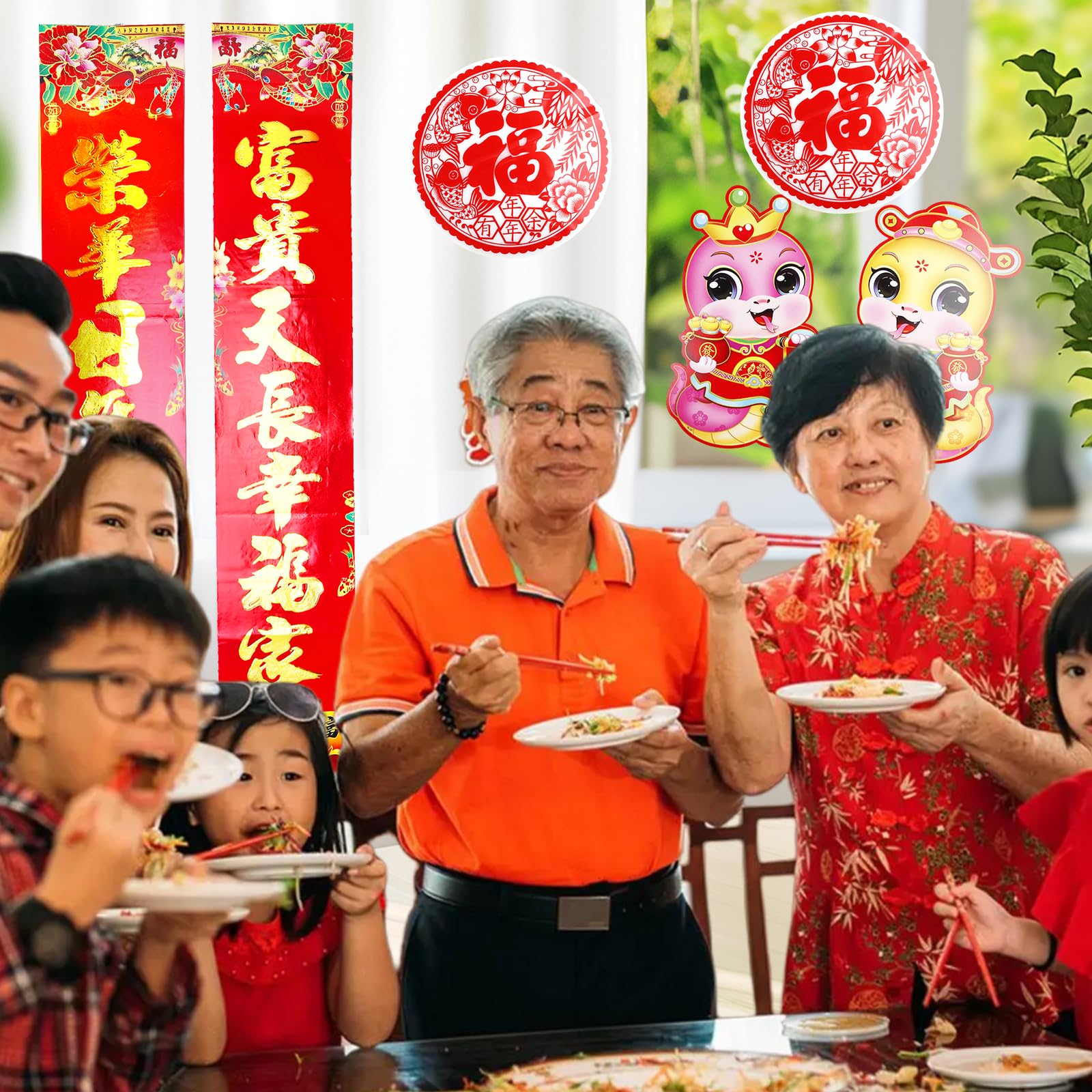SPORWAY Lot de 43 pièces Couplet chinois Nouvel An Décoration Printemps Festival Chunlian Enveloppes rouges Hong Bao Fu Personnage Lanterne Rouge Fenêtre Décalcomanies Année du serpent 2025