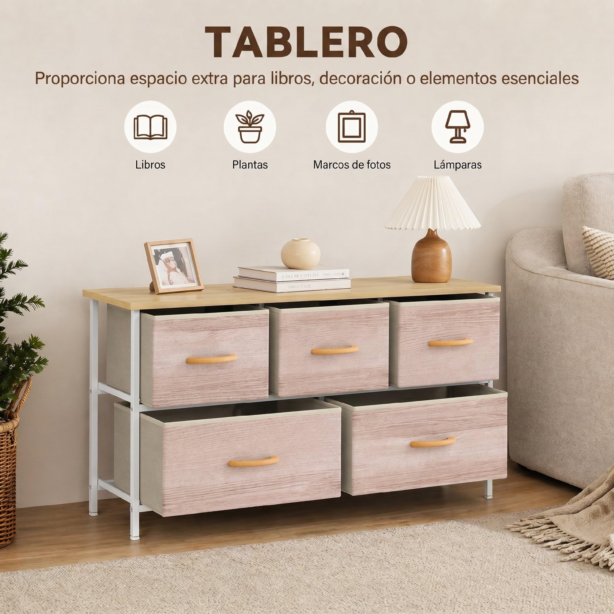 HOMCOM Cómoda con 5 Cajones de Tela para Dormitorio Salón Natural y Blanco