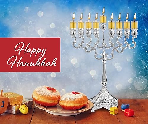 Miniatura 6 de Ner Mitzvah Menorá de aceite chapada en plata, se adapta a vasos de aceite de Janucá estándar y velas grandes, diseño en relieve, 12 pulgadas de alto