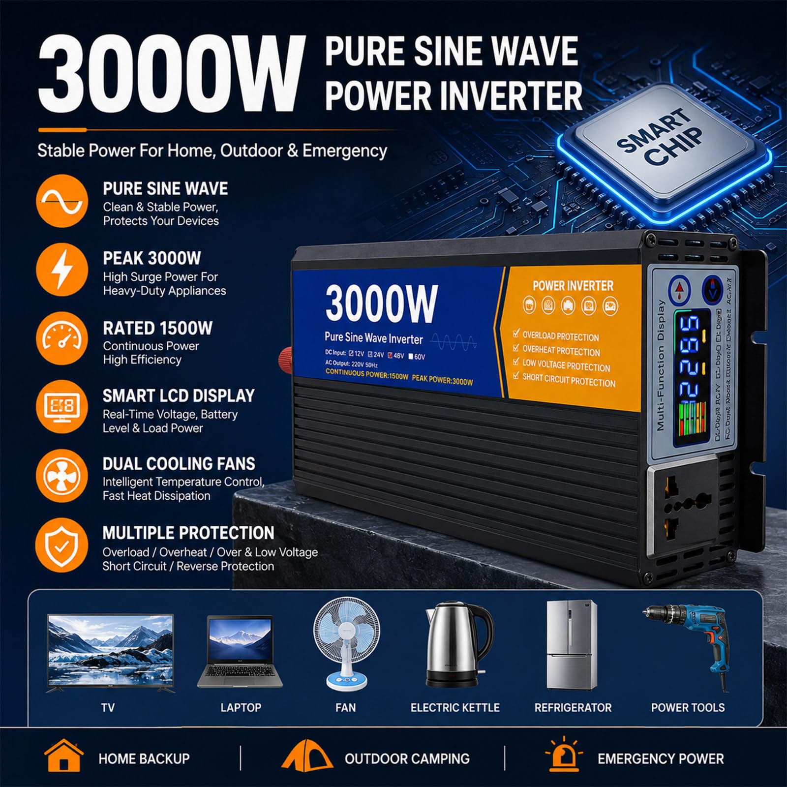 Przetwornica napięcia 12V do 110V/220V, 3000W, czysta fala sinusoidalna 12V-220V