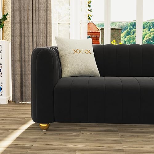 Miniatura 4 de Sofá de terciopelo negro de 83 pulgadas, sofá moderno de mediados de siglo para 3 personas Chesterfield copetudo de terciopelo con 2 almohadas para