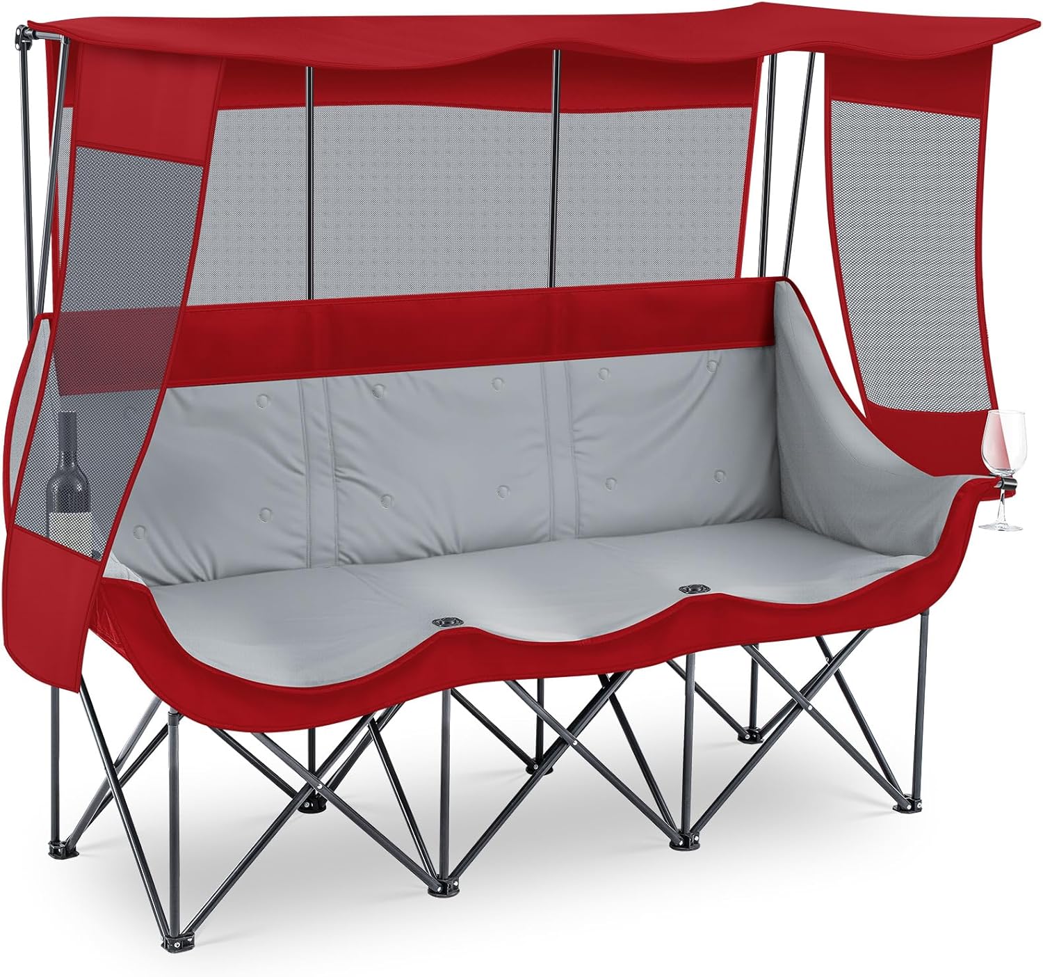 Oversized 3 Person Camping Chair with Canopy Shade Fully Padded Folding Camping Beach Lawn Chair for Summer Fall Outdoor Activities, Sturdy Loveseat with Cup Holder and Carry Bag(Dark Red) Canopy Camp Chair Dark Red