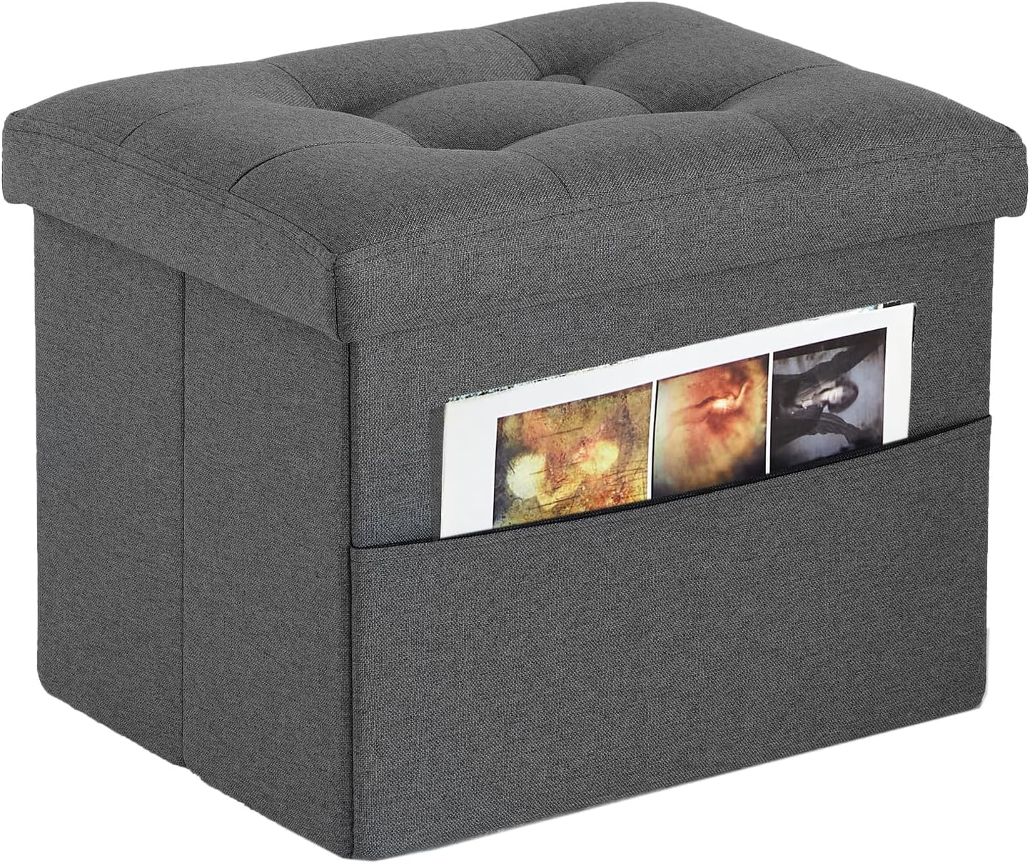 ALASDO Storage Ottoman with Side Pocket Folding Rectangle Cube Coffee Table Multipurpose Foot Rest Short Children Sofa Stool Linen Fabric Ottomans Bench Foot Rest for Bedroom L17W13H13(Grey)