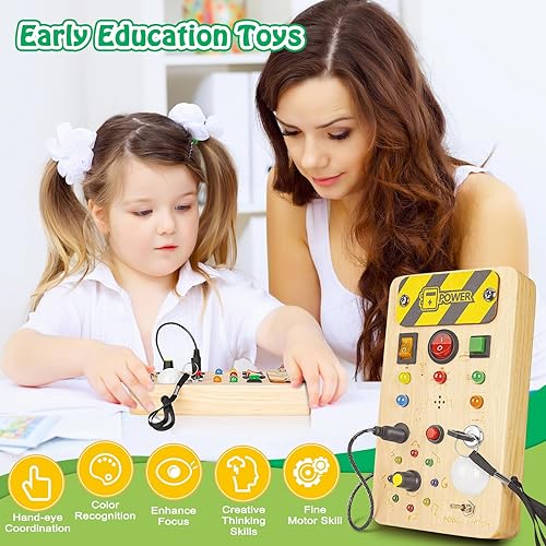 Miniatura 6 de Tablero musical Montessori, juguetes Montessori sensoriales de madera con luces, juguetes de viaje para bebés, cumpleaños para niños y niñas de 1