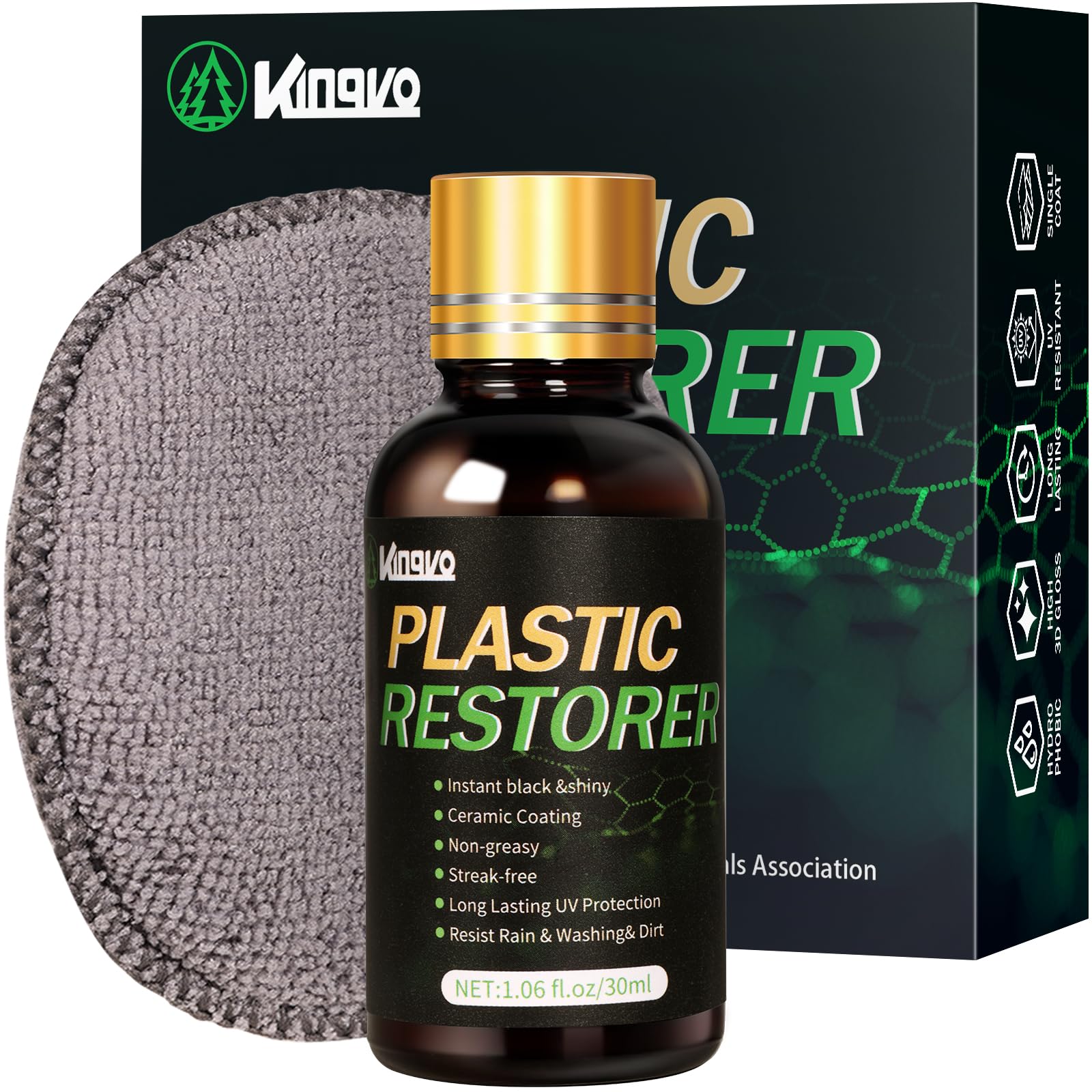 Kingvo Plastic Restorer for Cars, Black Plastic Trim Restoration,Crystal Coating for Car Plastic Parts Automotive Hydrophobic Ceramic Coating with Foam Applicator,30ML
