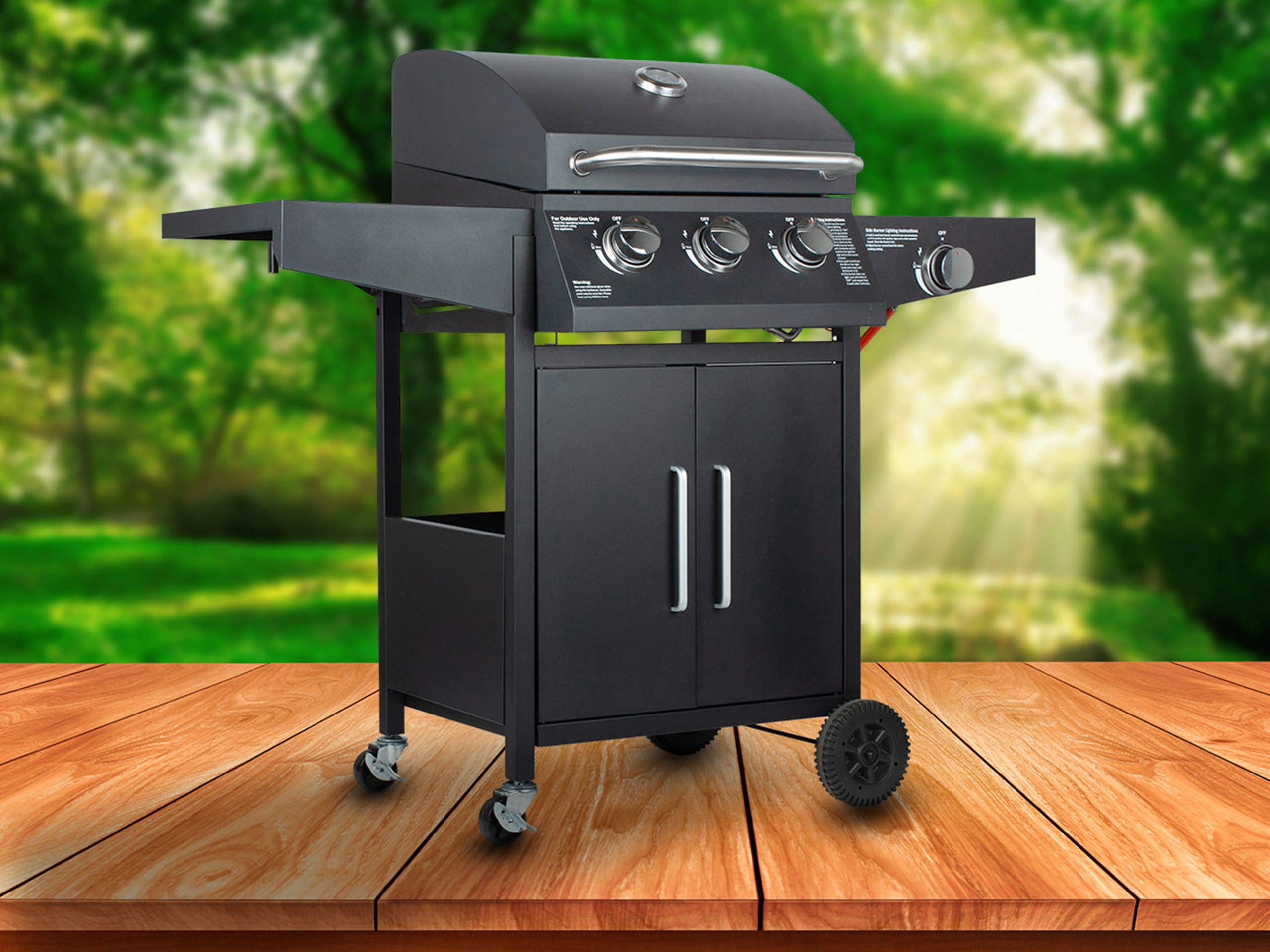 GrillMaster Grill Gazowy PartyTogether 3+1 + Pokrowiec, Ogrodowy, Na Gaz, z Termometrem, z Kółkami, z Dodatkowym Palnikiem